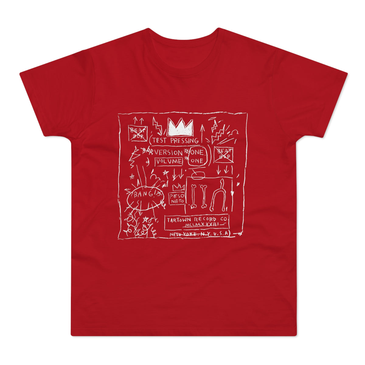 A red short-sleeve t-shirt features a white graphic with graffiti-style sketches and text.