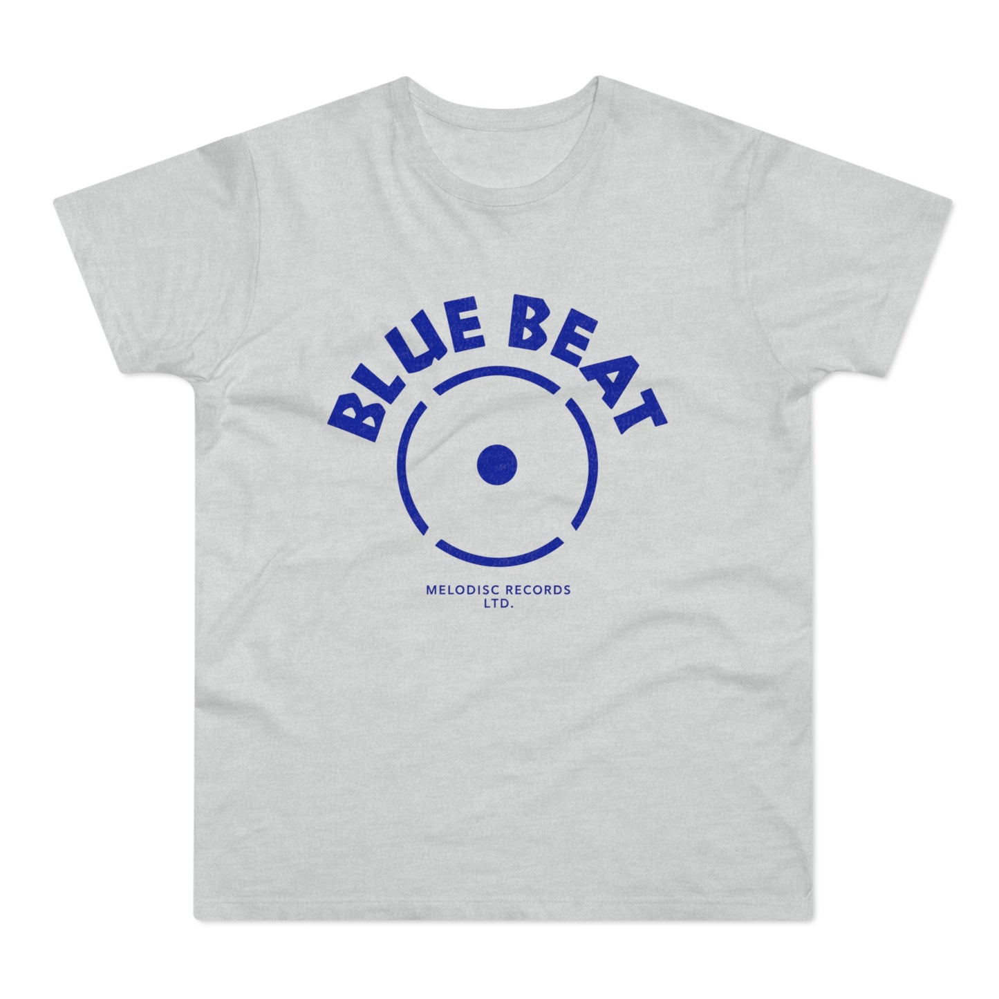 Light grey t-shirt with blue "BLUE BEAT" text and record logo.