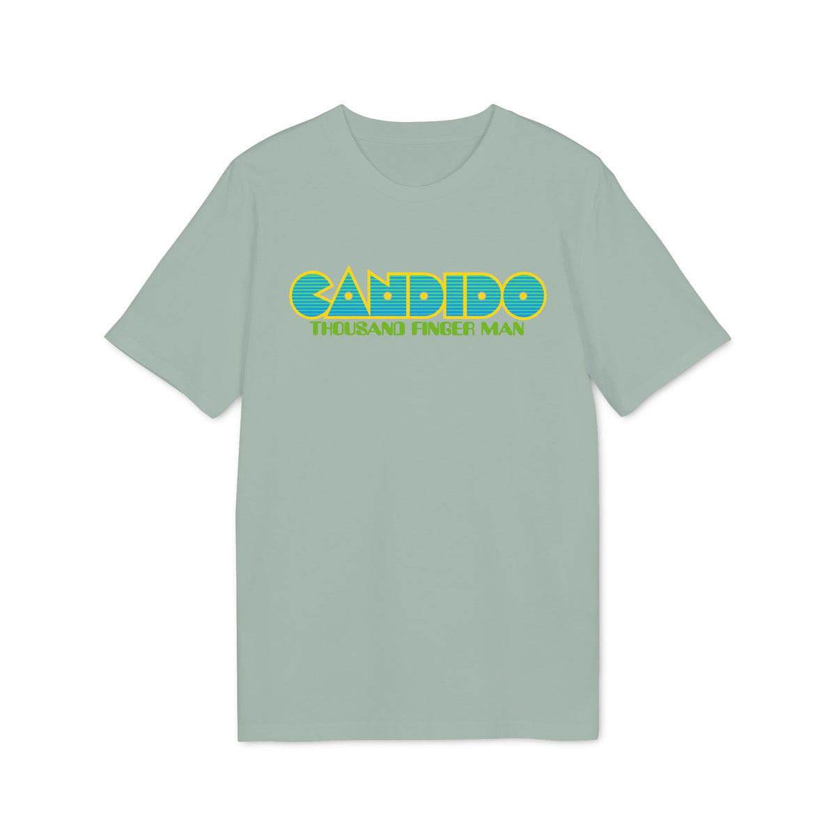 Light blue t-shirt with yellow and blue striped text "CANDIDO THOUSAND FINGER MAN".
