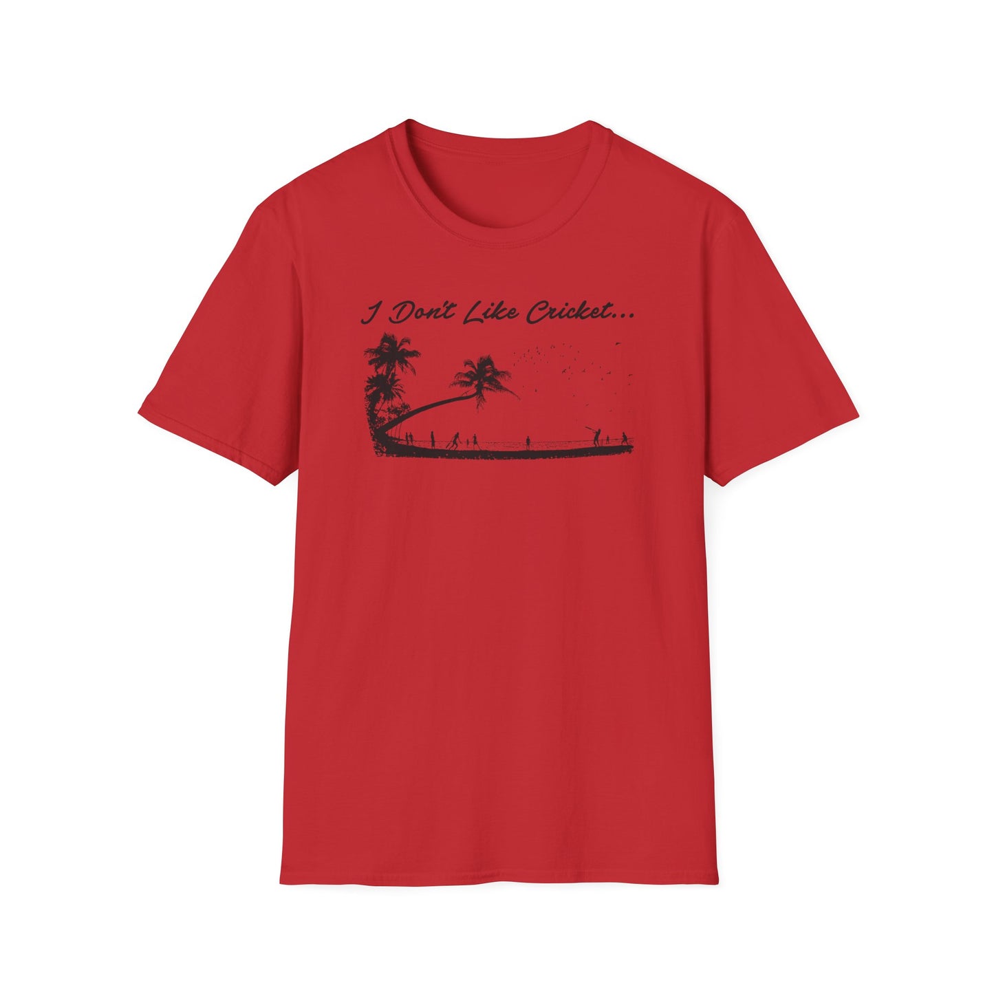 Red t-shirt with black graphic of palm trees, beach, and silhouettes playing cricket.
