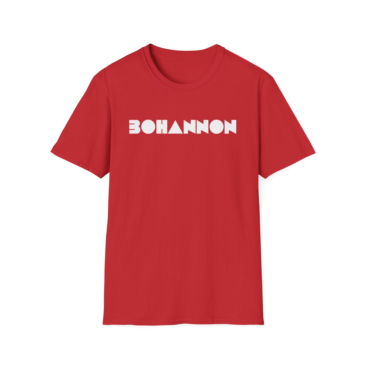Red t-shirt with white geometric "BOHANNON" logo across the chest.