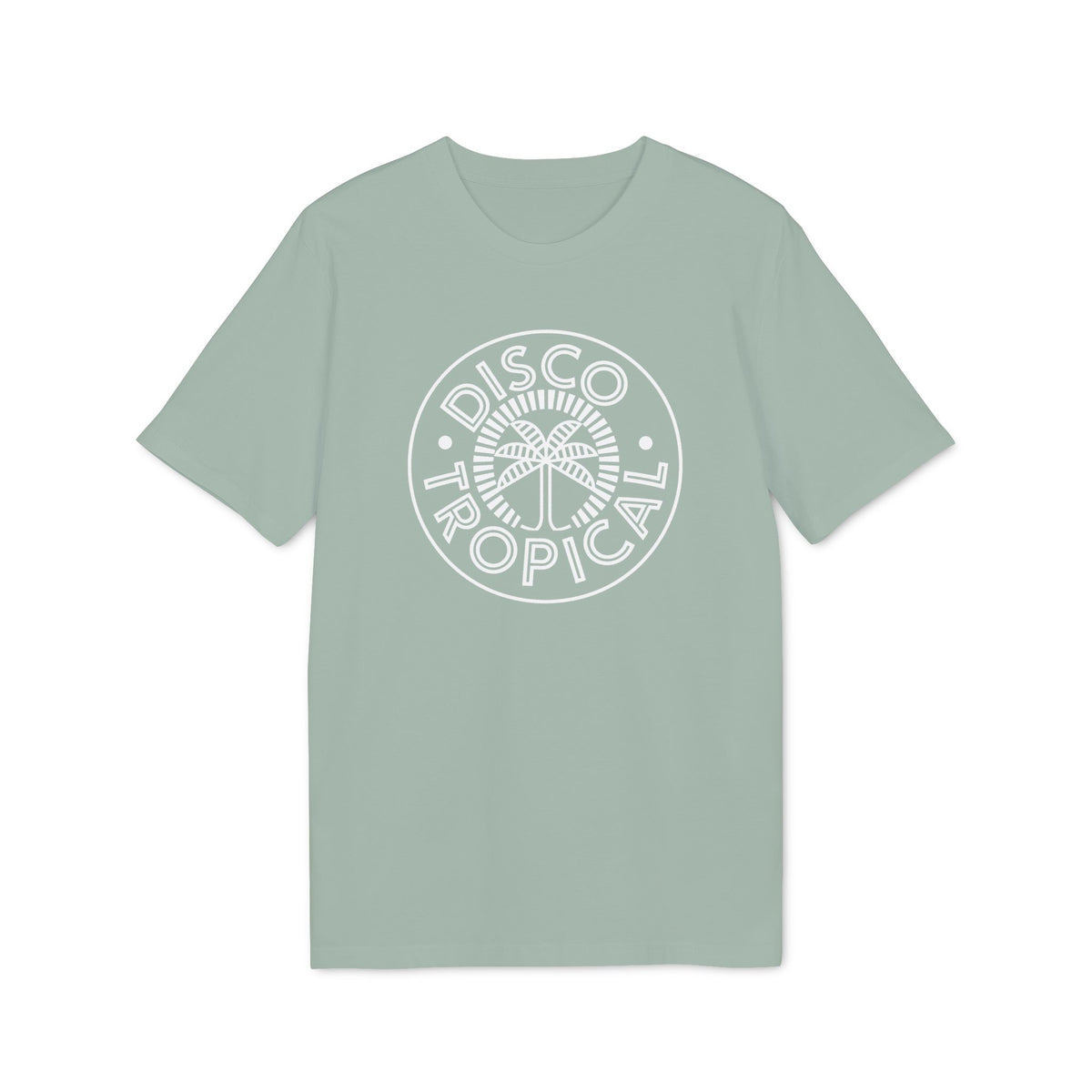 Light green t-shirt with a white "Disco Tropical" palm tree graphic.