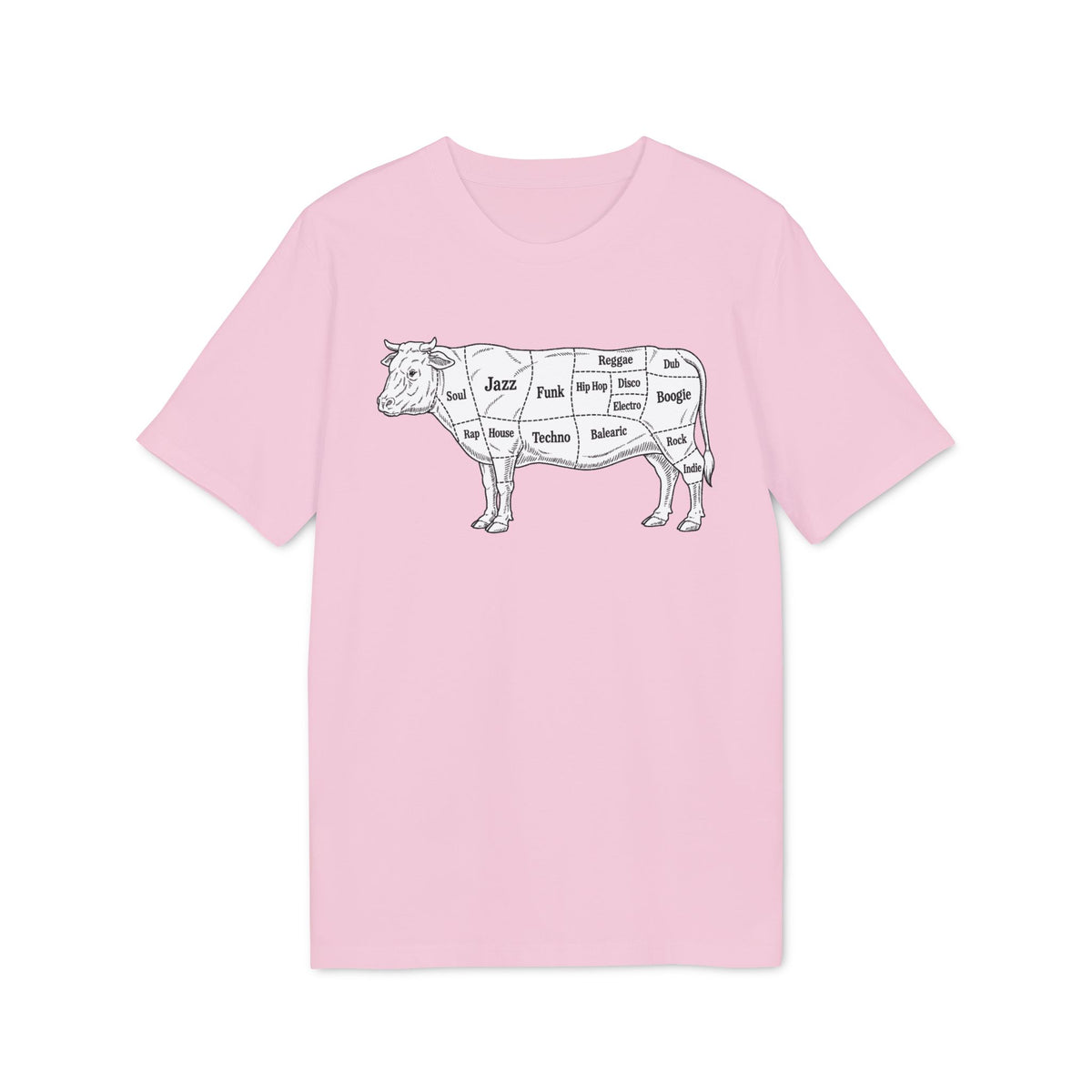 Pink t-shirt with a black and white illustration of a cow, labeled with music genres.