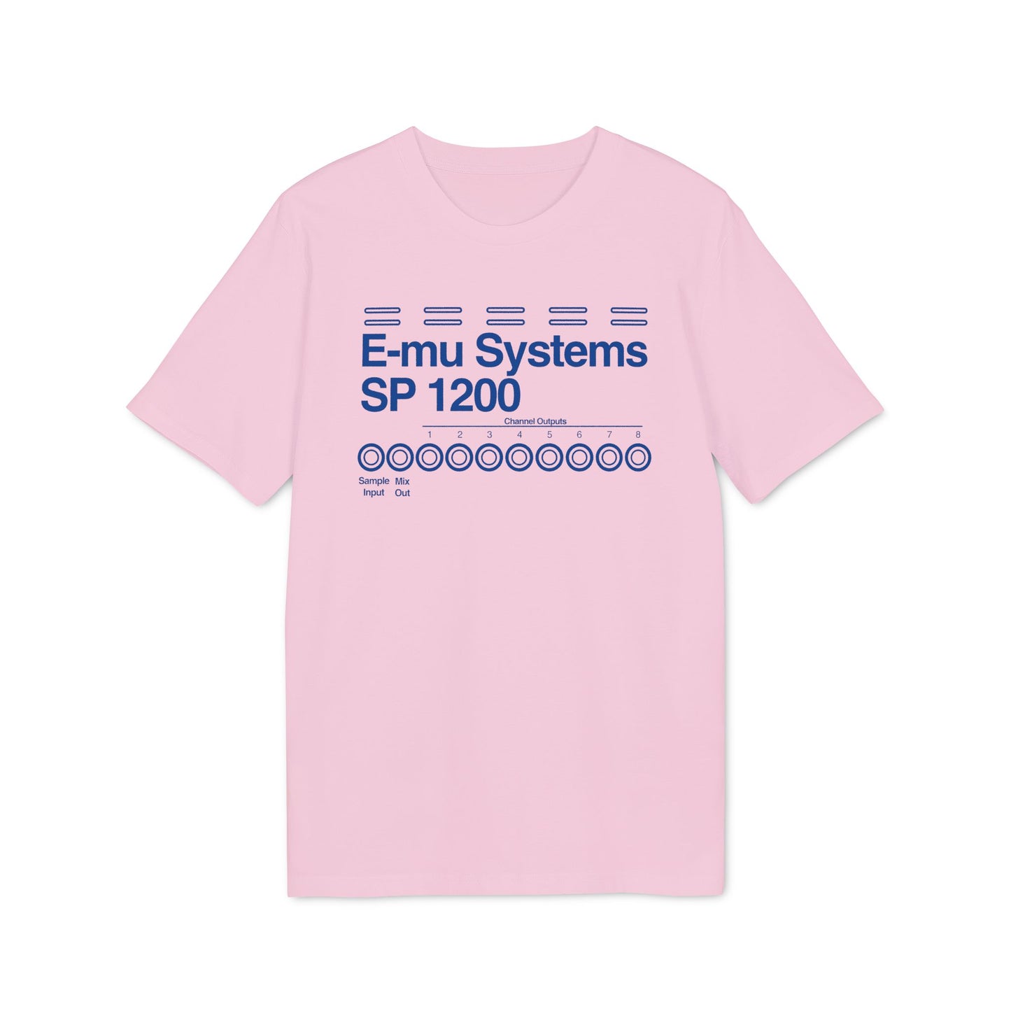 Pink t-shirt with E-mu Systems SP 1200 graphic design, featuring channel outputs.