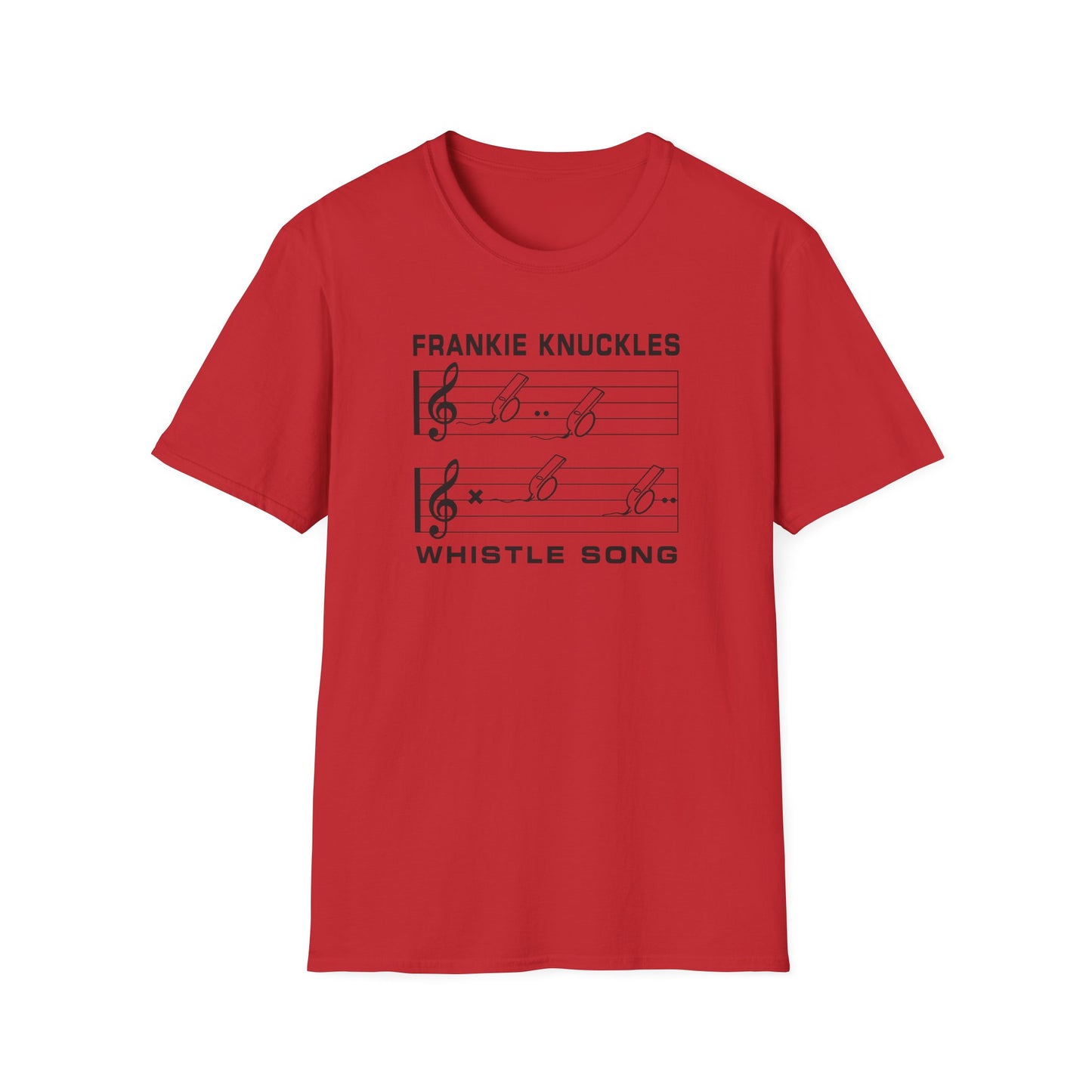Red t-shirt with Frankie Knuckles Whistle Song text and musical notes.