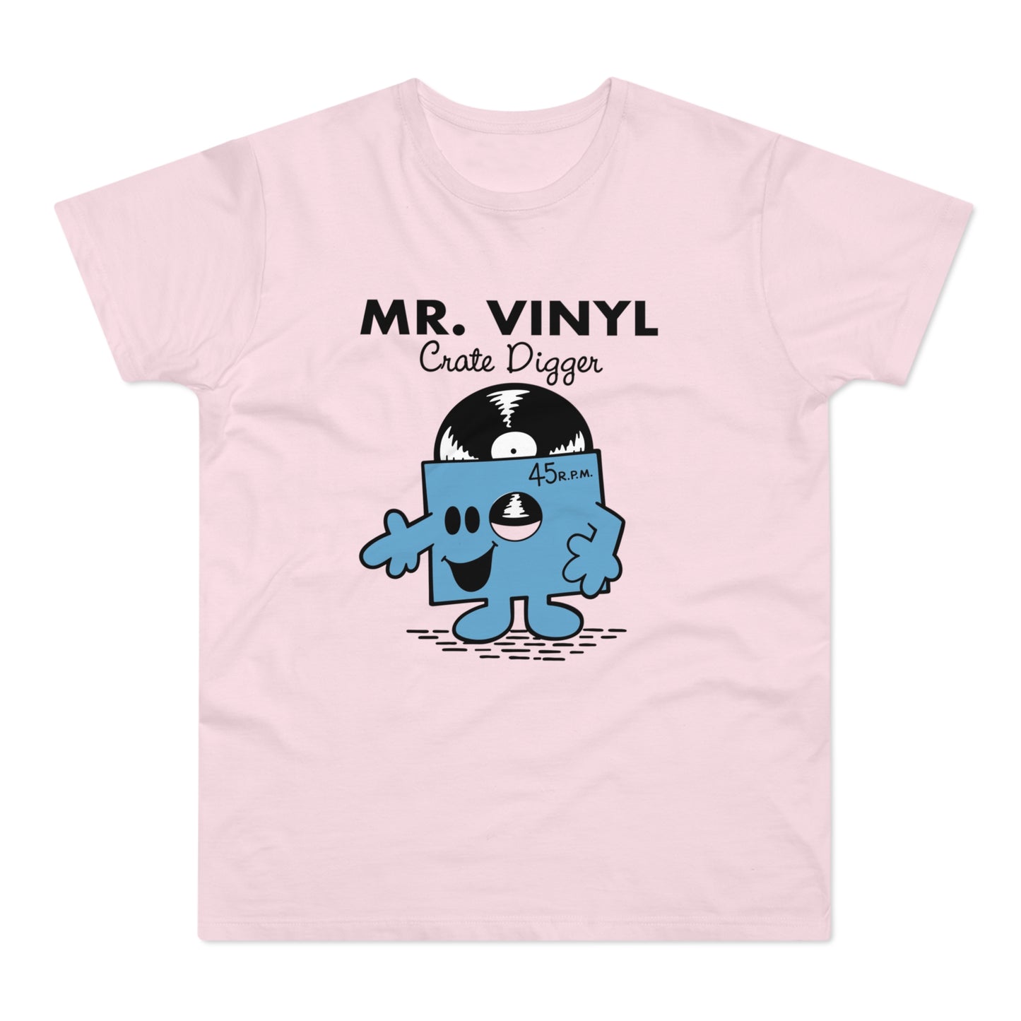 MR. VINYL Crate Digger graphic with cartoon vinyl record character on pink t-shirt.