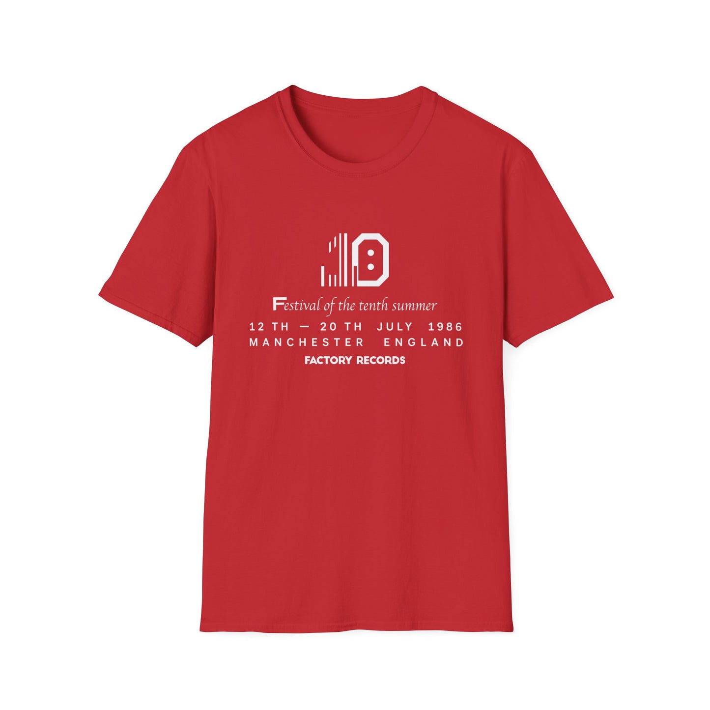 Red t-shirt with white text: 10, Festival of the tenth summer, July 1986, Manchester England.