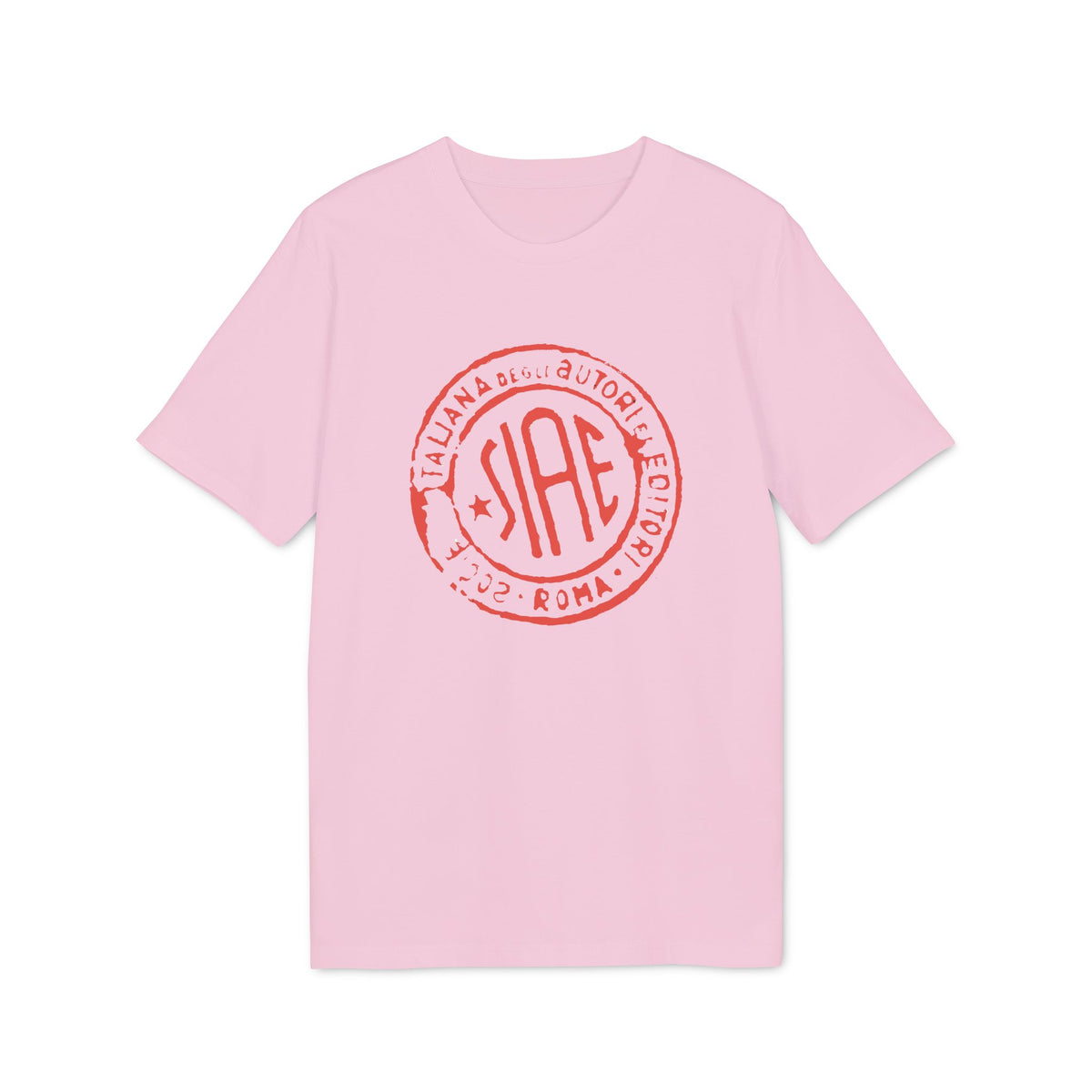 Pink t-shirt with red SIAE logo stamp, ITALIANA DEGLI AUTORI EDITORI 2002 ROMA