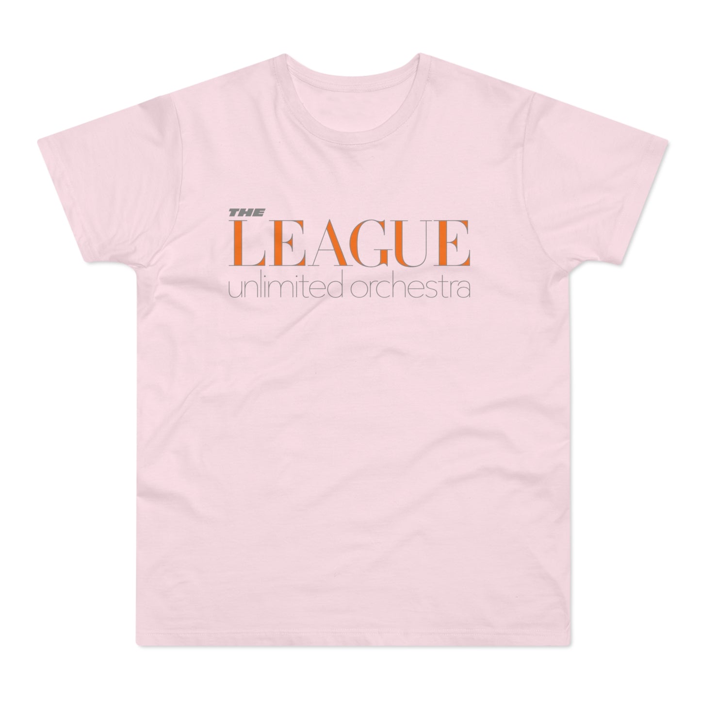 Light pink t-shirt with orange text reading "THE LEAGUE" and smaller grey text "unlimited orchestra".