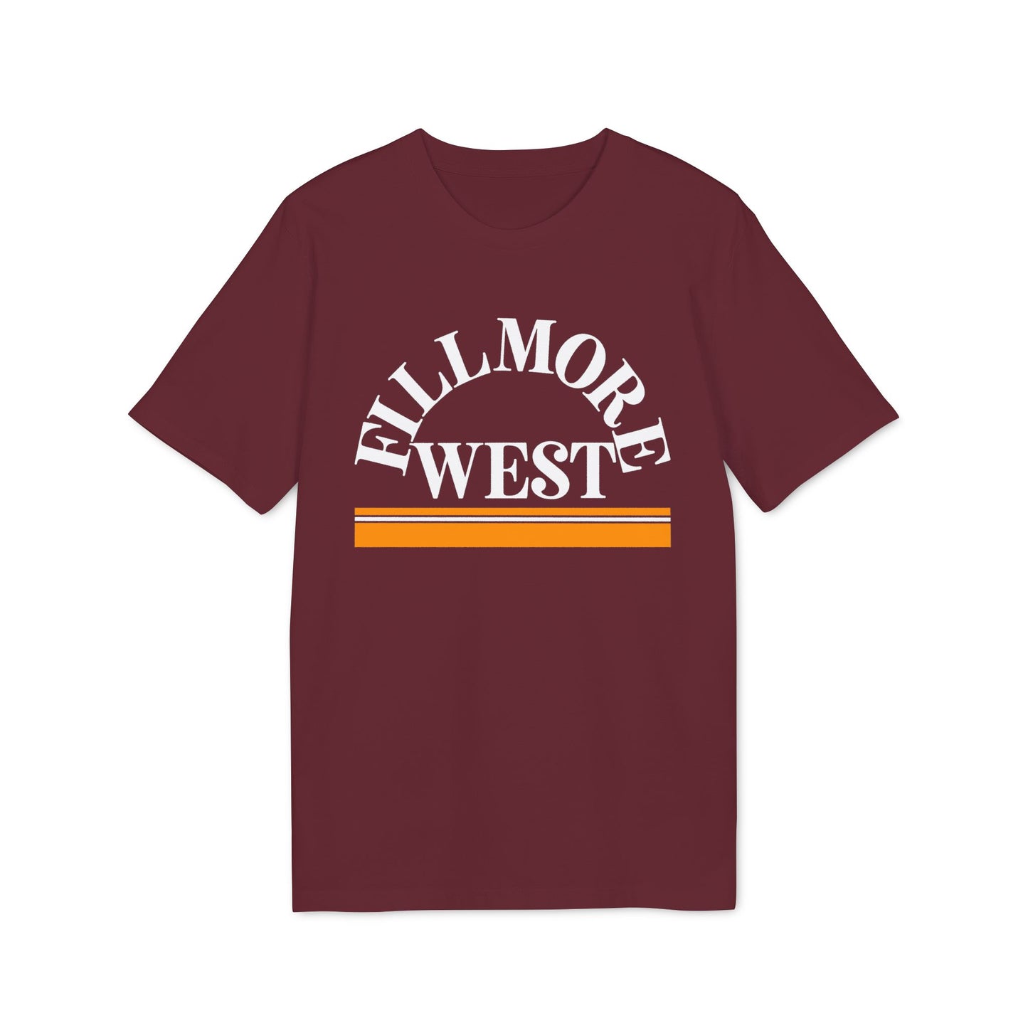 Maroon t-shirt with white "Fillmore West" text and orange and white stripes.
