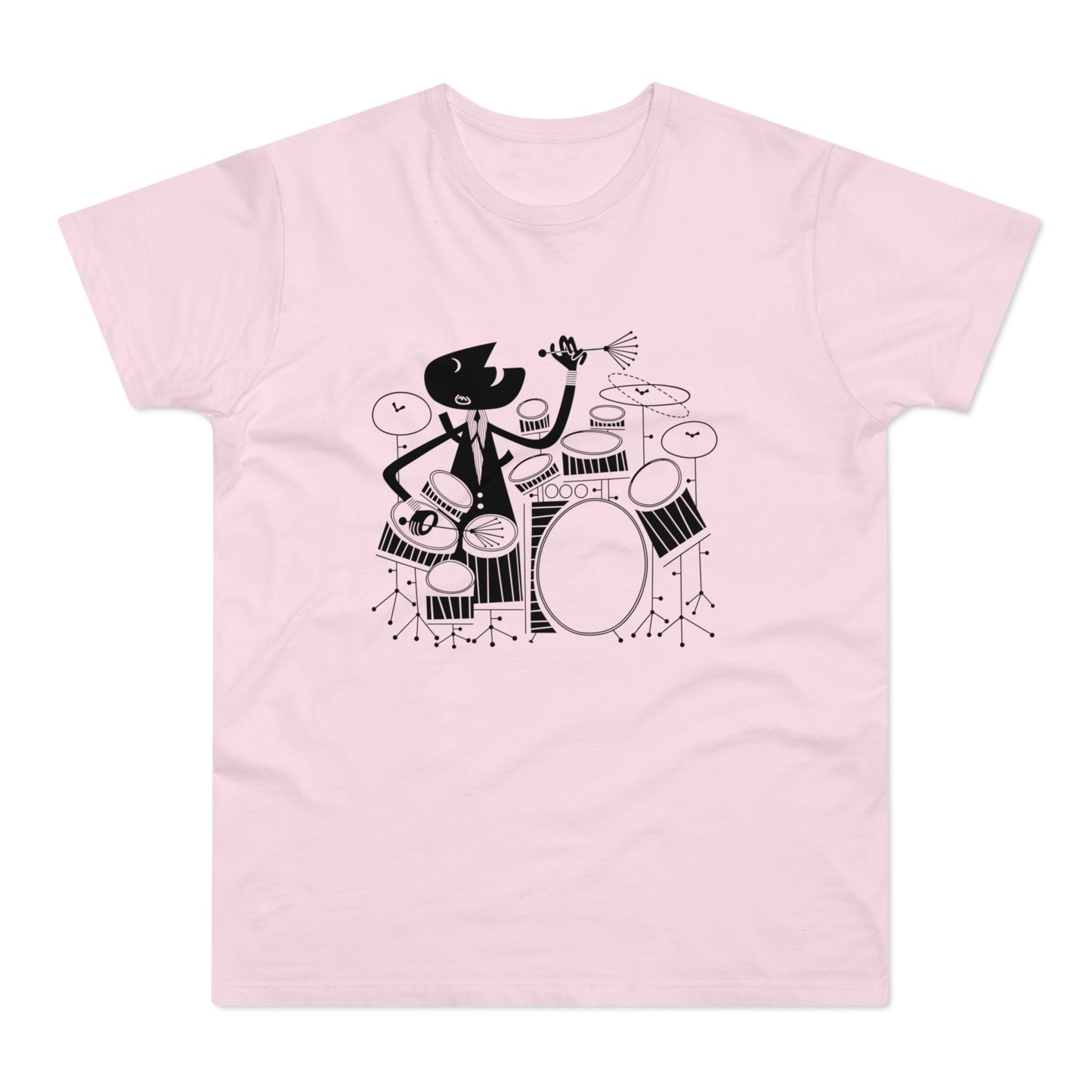 Black line art of a drummer playing a drum kit on a pink t-shirt.