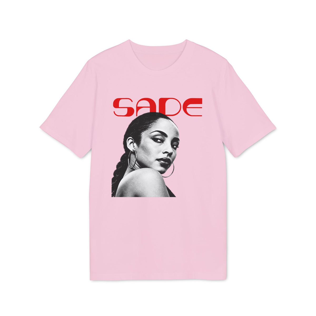 Pink t-shirt with red "SADE" text and portrait of Sade Adu.