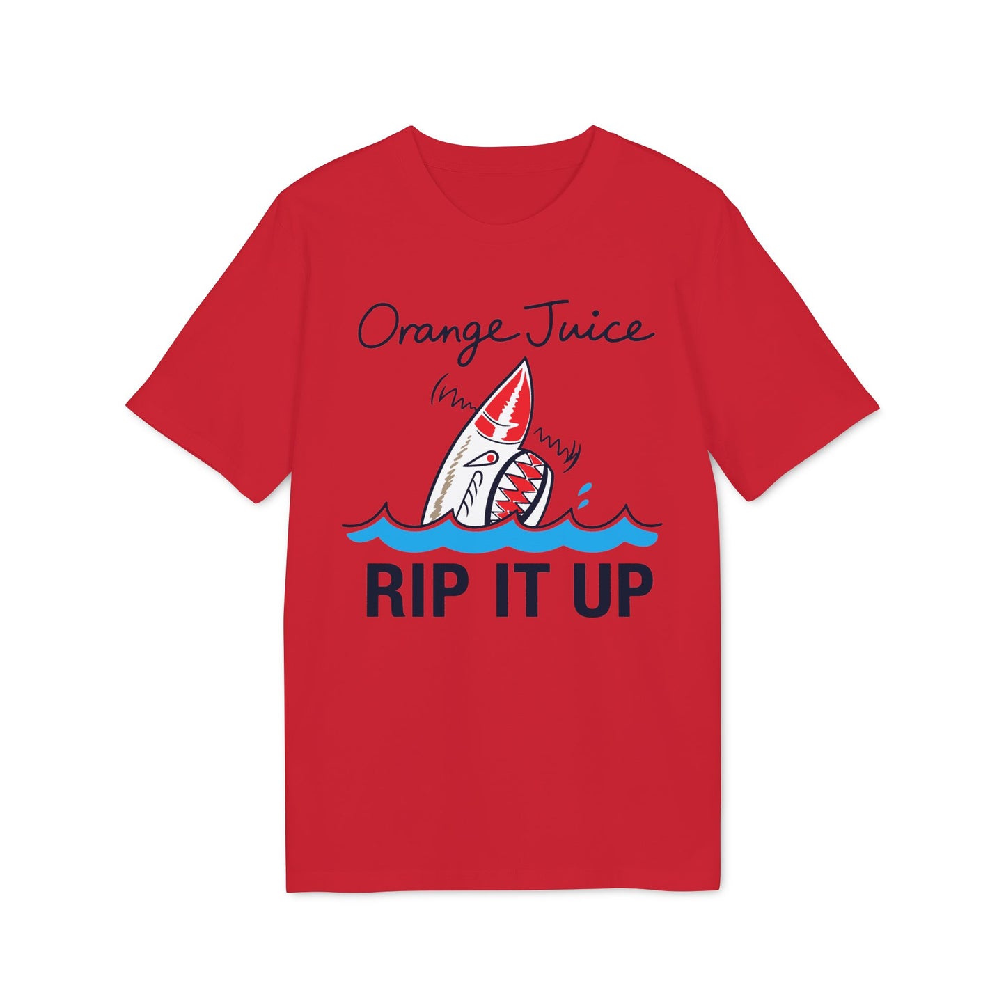 Red t-shirt with "Orange Juice Rip It Up" text and shark graphic.