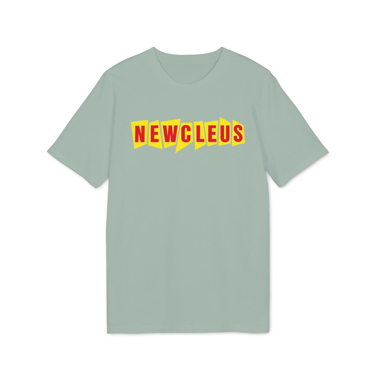 Light blue t-shirt with red "NEWCLEUS" text on yellow background.