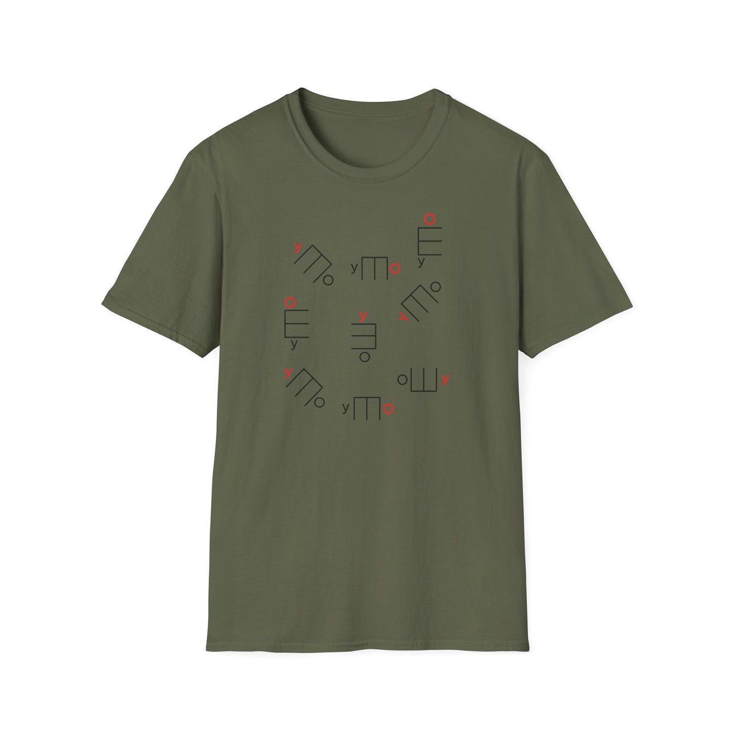 Olive green t-shirt with scattered black and red abstract geometric symbols.