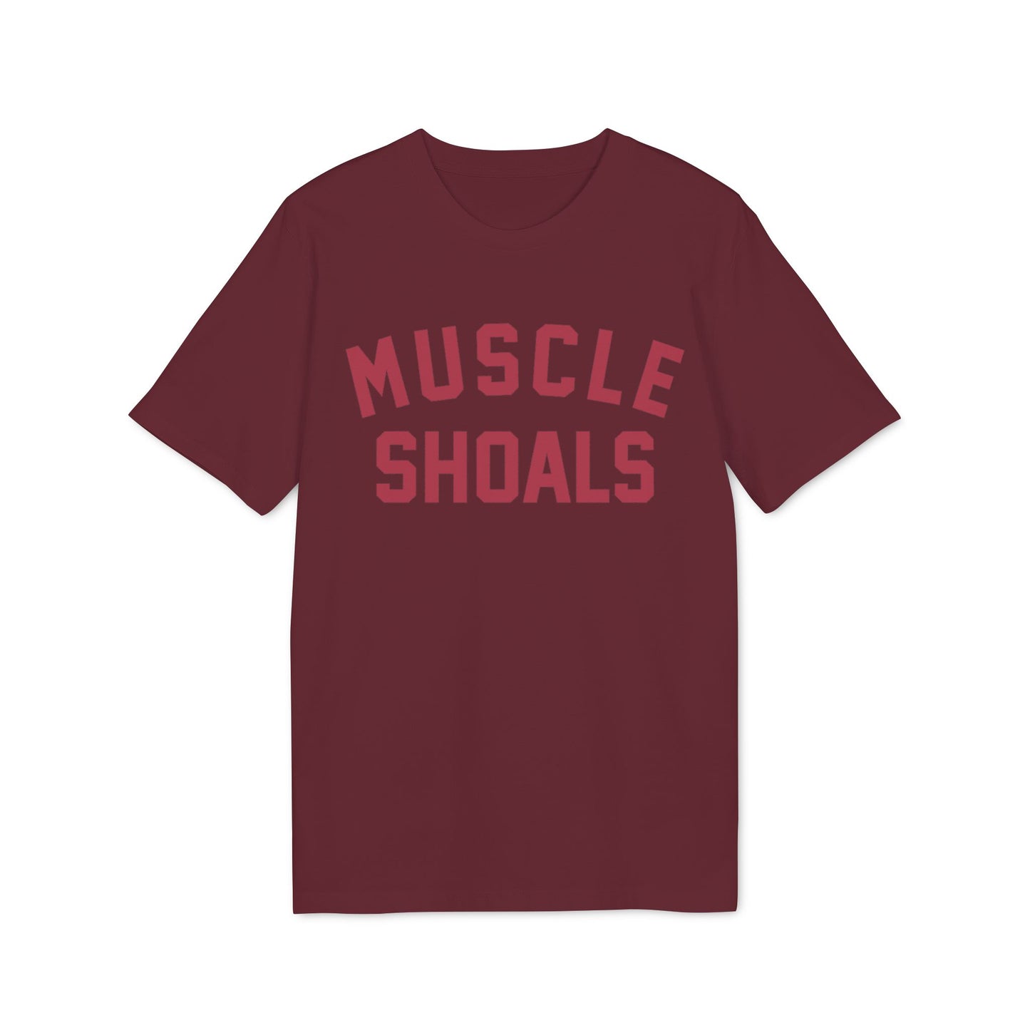 Maroon t-shirt with "MUSCLE SHOALS" printed in maroon.