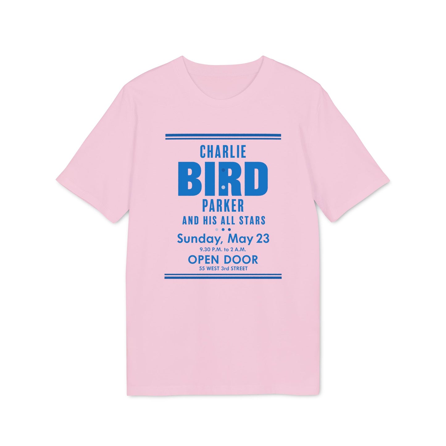 Pink t-shirt with "Charlie Bird Parker and His All Stars" text.