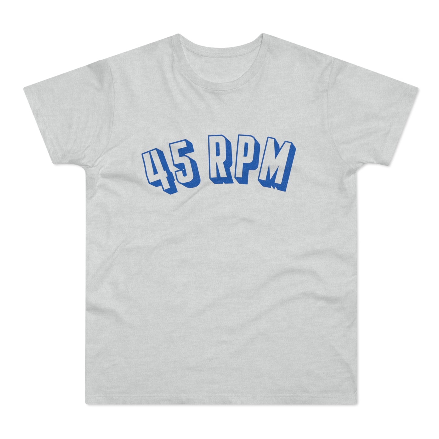 Light grey t-shirt with blue "45 RPM" text in a bold, 3D font.