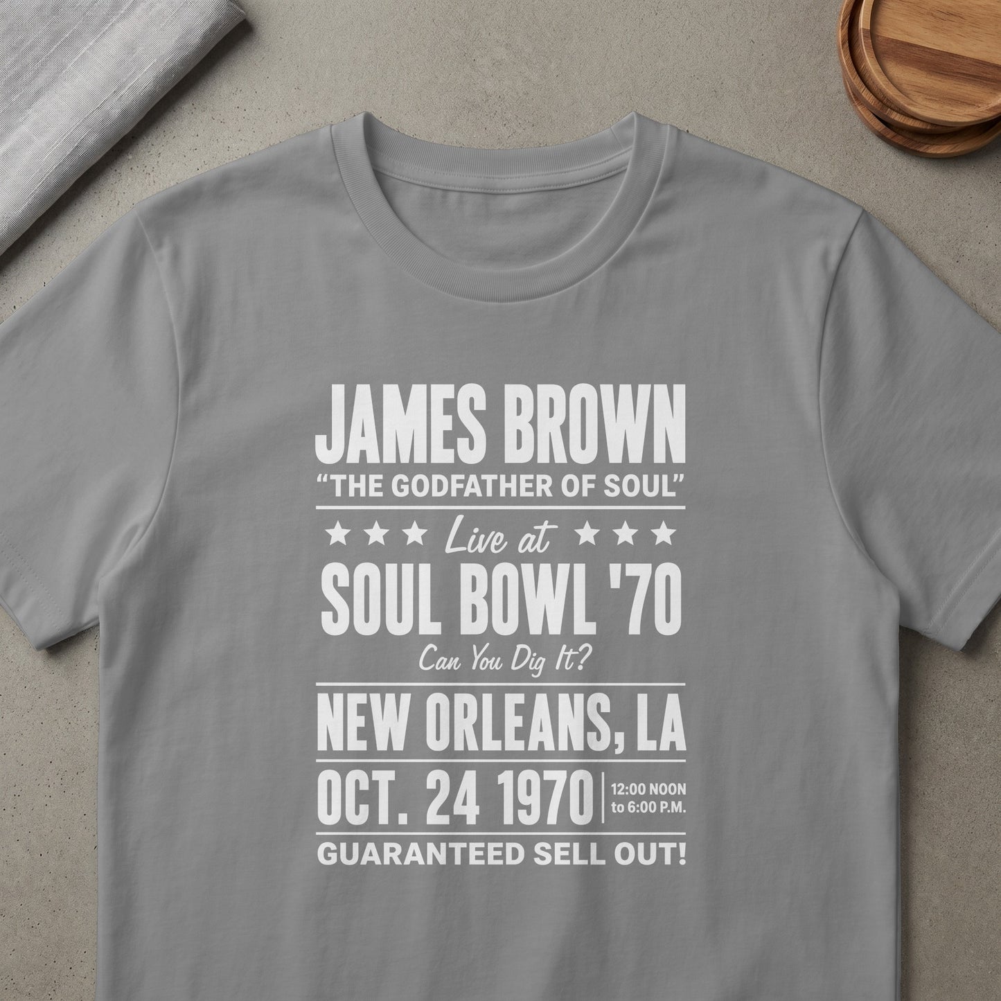 James Brown Soul Bowl '70 concert shirt with New Orleans, LA on Oct. 24, 1970.