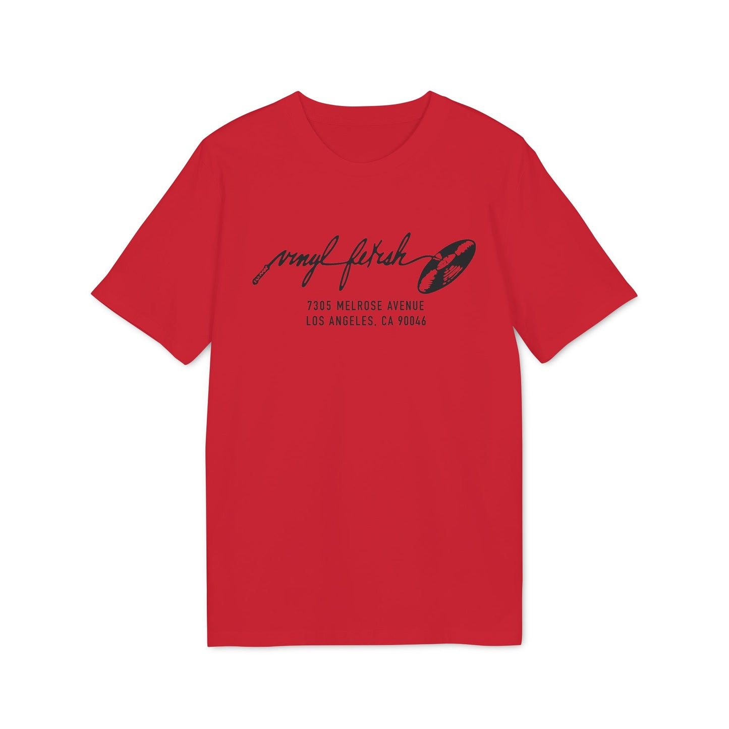 Red t-shirt with black "Vinyl Fetish" text and address 7305 Melrose Avenue Los Angeles, CA 90046.