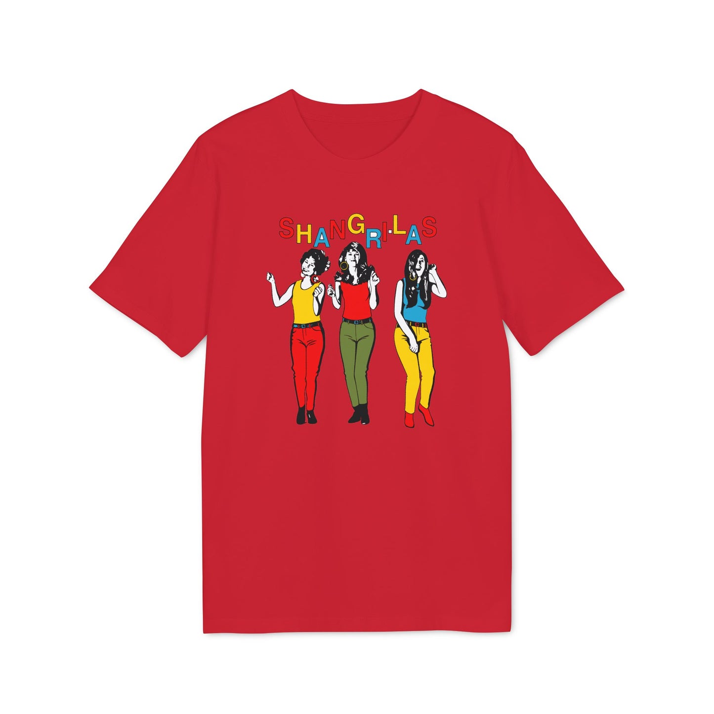 Red t-shirt with "Shang-R'-Las" text and three cartoon women illustrations.