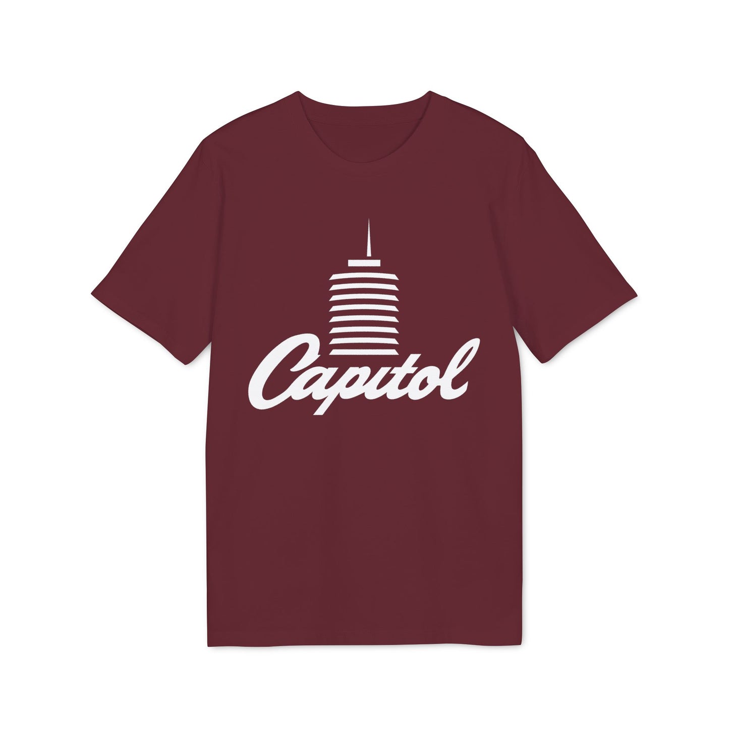 Maroon t-shirt with white Capitol building and text graphic.