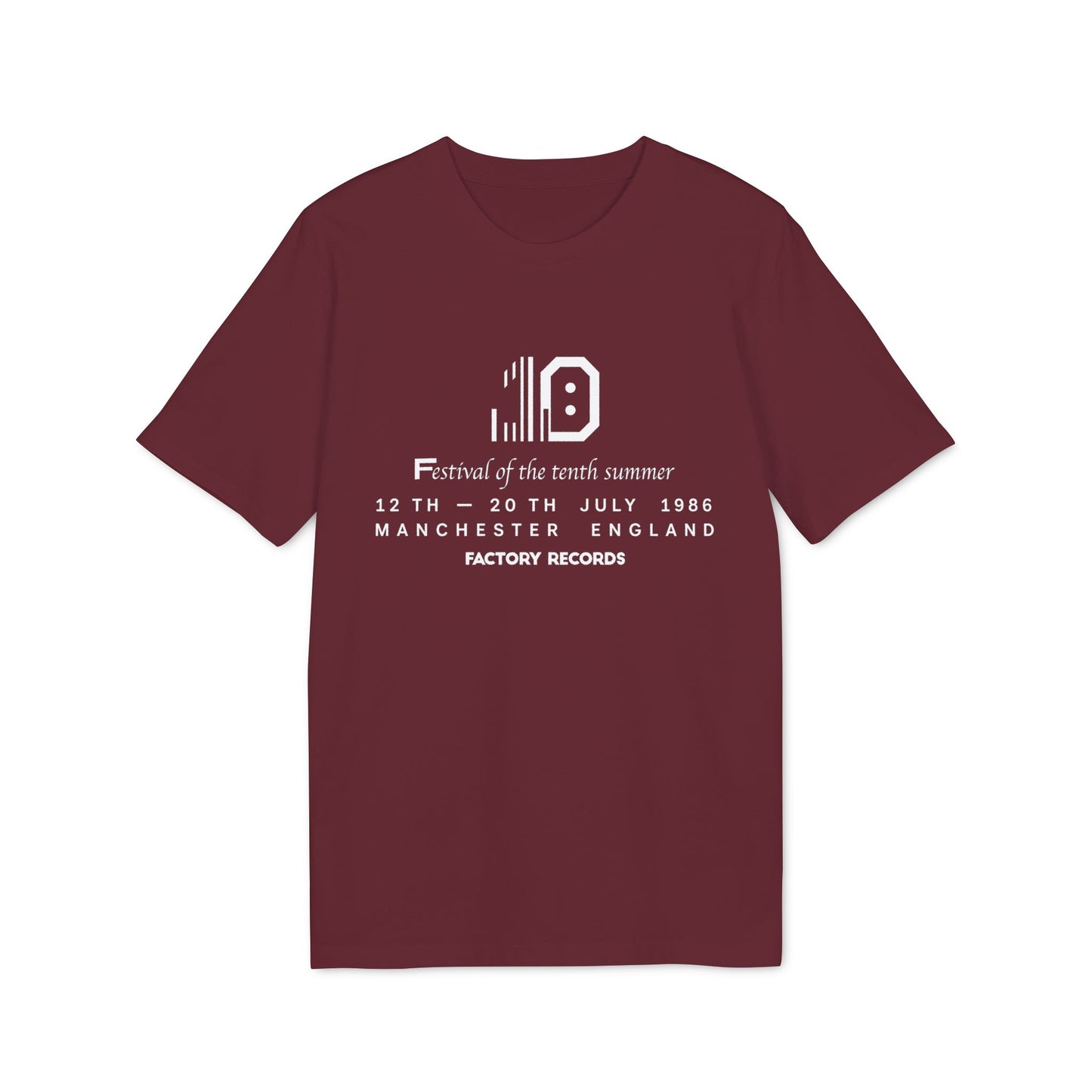 Maroon t-shirt with white text: "Festival of the tenth summer" and Factory Records details.
