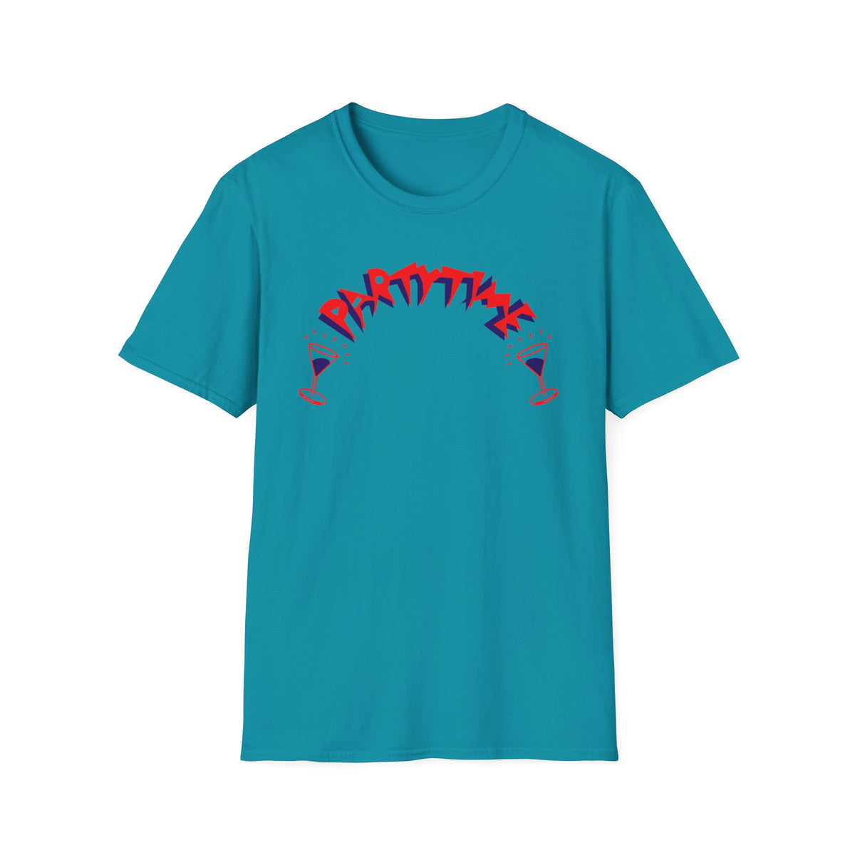 Teal t-shirt with "Party Time" text and cocktail glasses graphic.