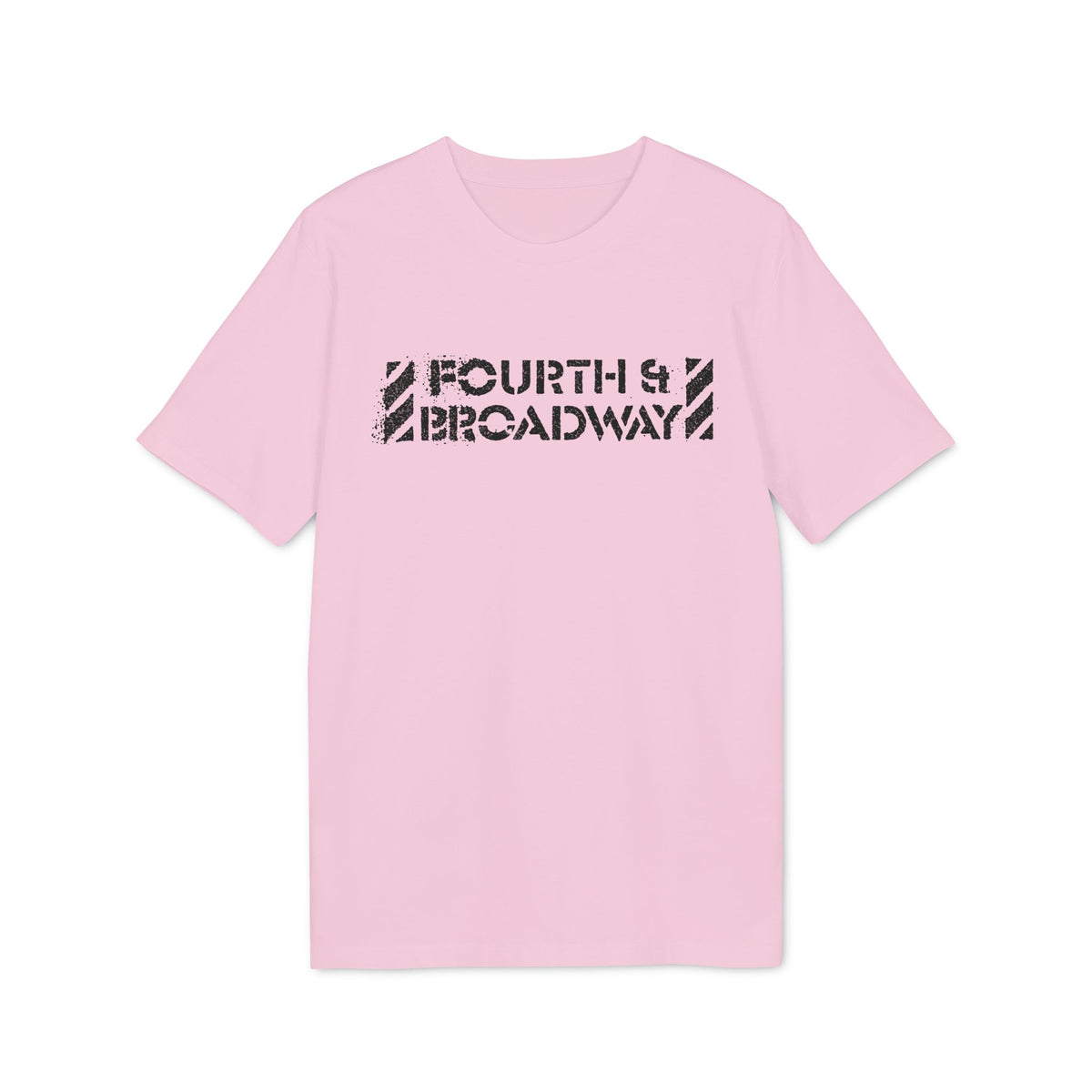 Pink t-shirt with distressed black text reading "FOURTH & BROADWAY"