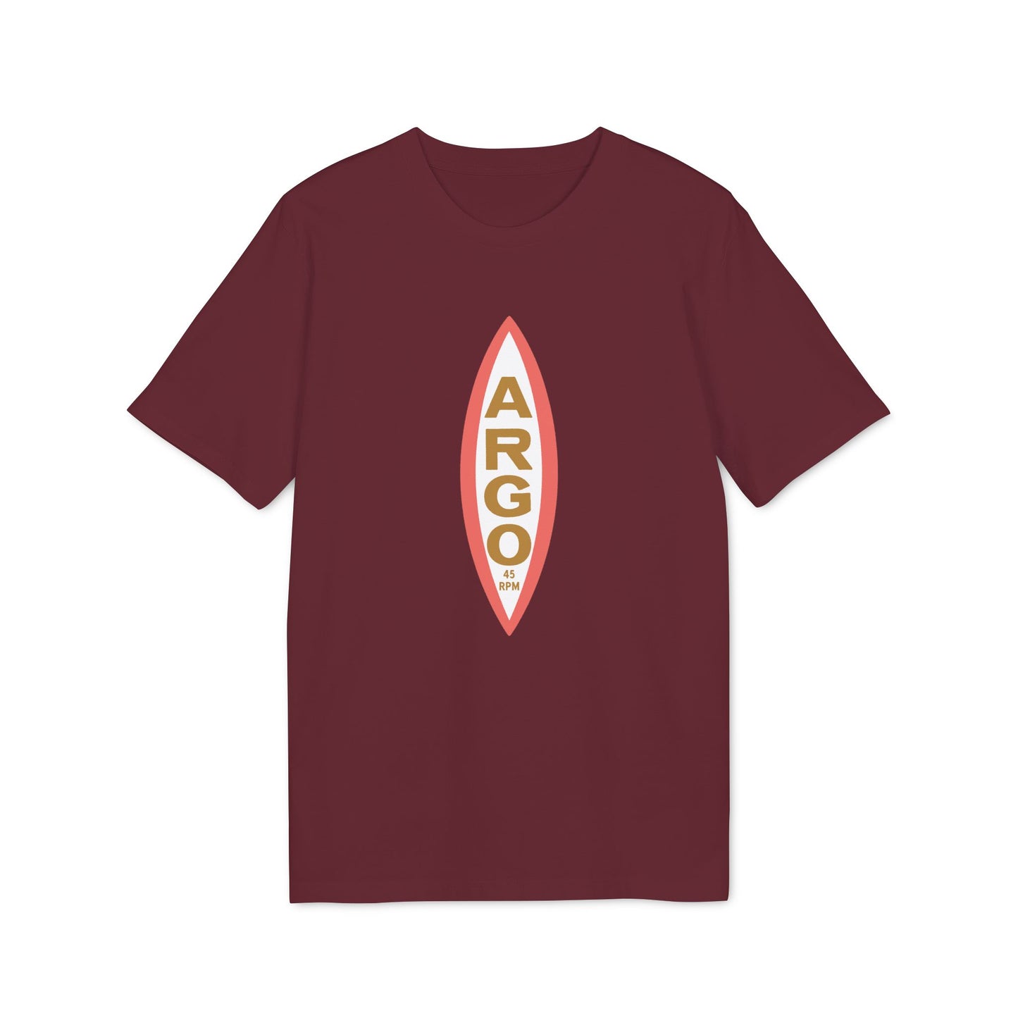 Maroon t-shirt with a vertical oval graphic featuring "ARGO" and "45 RPM".
