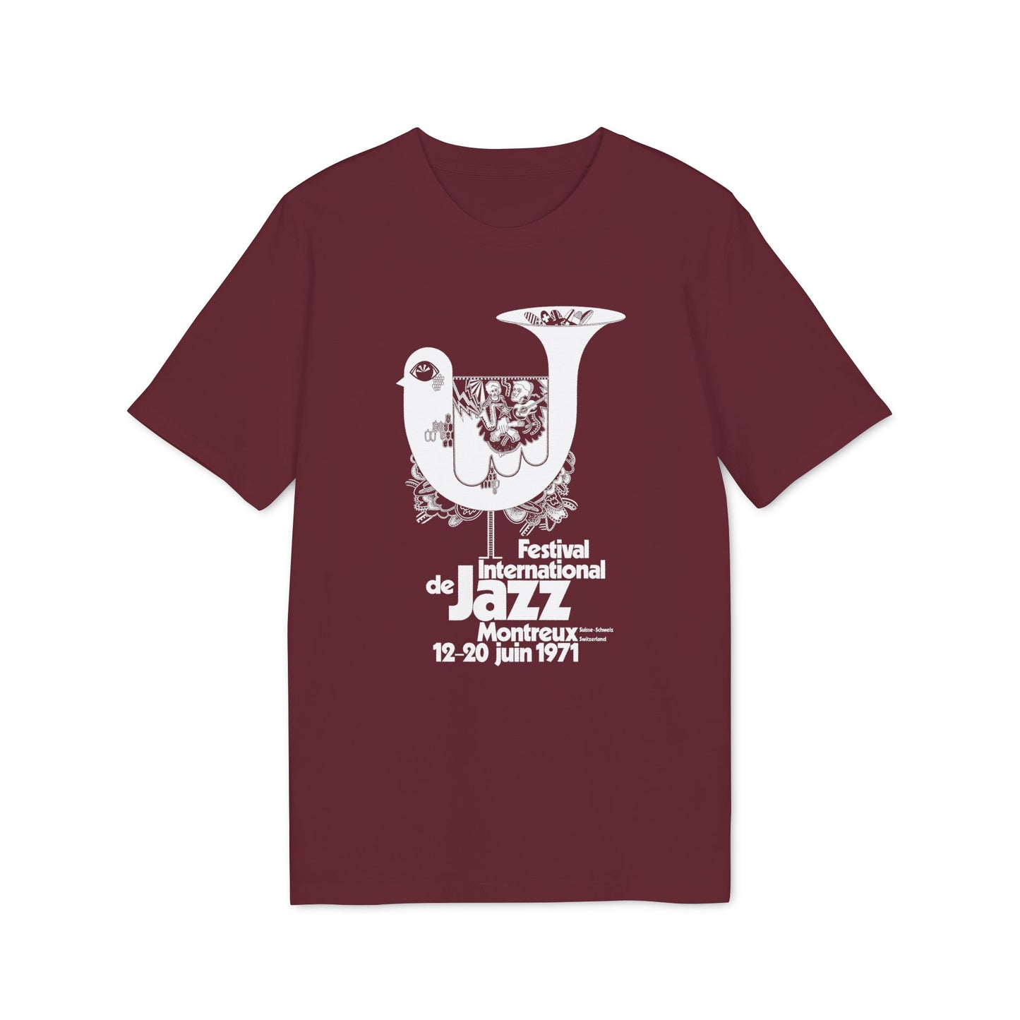Maroon t-shirt with white Montreux Jazz Festival 1971 graphic.