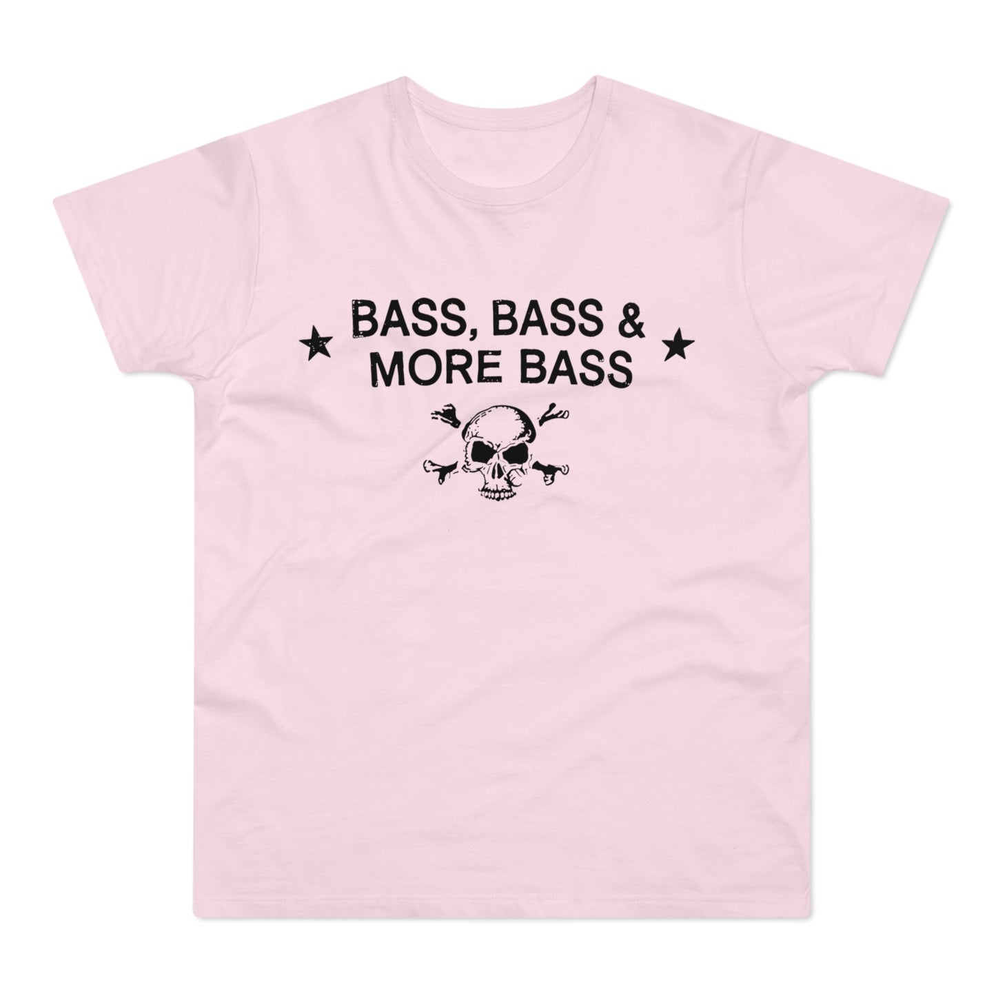 Pink t-shirt with black skull, bones, and "Bass, Bass & More Bass" text.