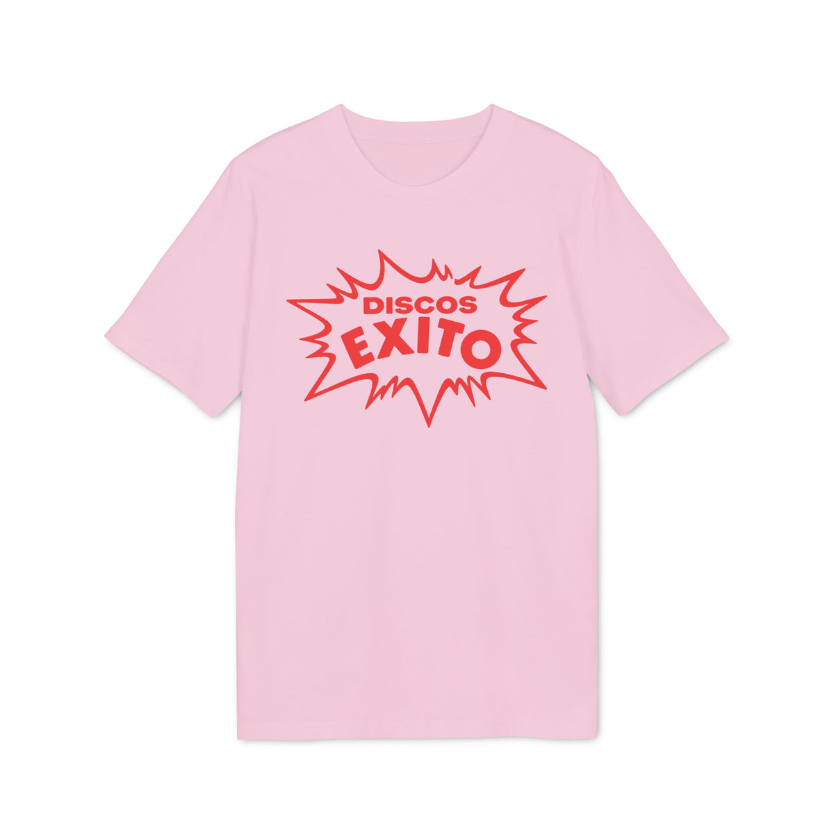 Pink t-shirt with red "DISCOS EXITO" text in a speech bubble design.
