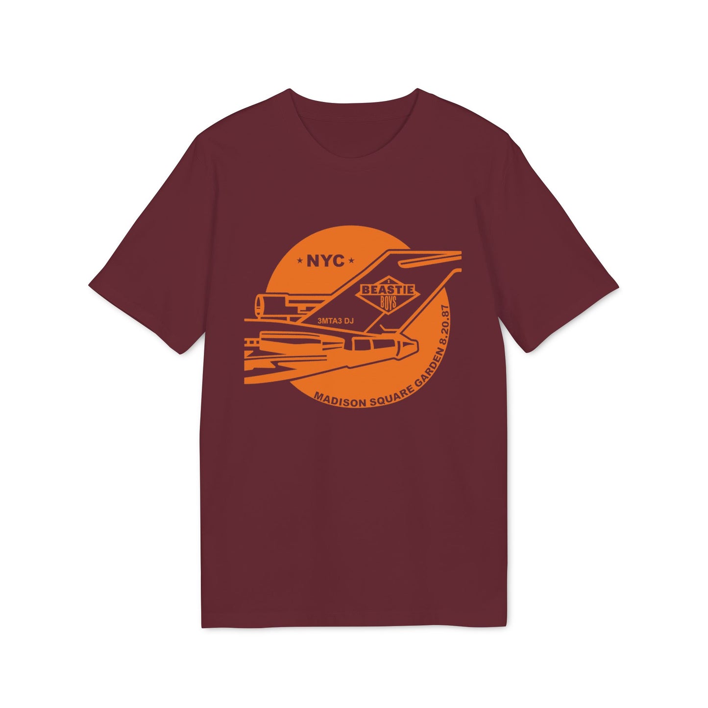 Maroon t-shirt featuring orange Beastie Boys graphic with "NYC", "3MTA3 DJ", and "MADISON SQUARE GARDEN 8.20.87".