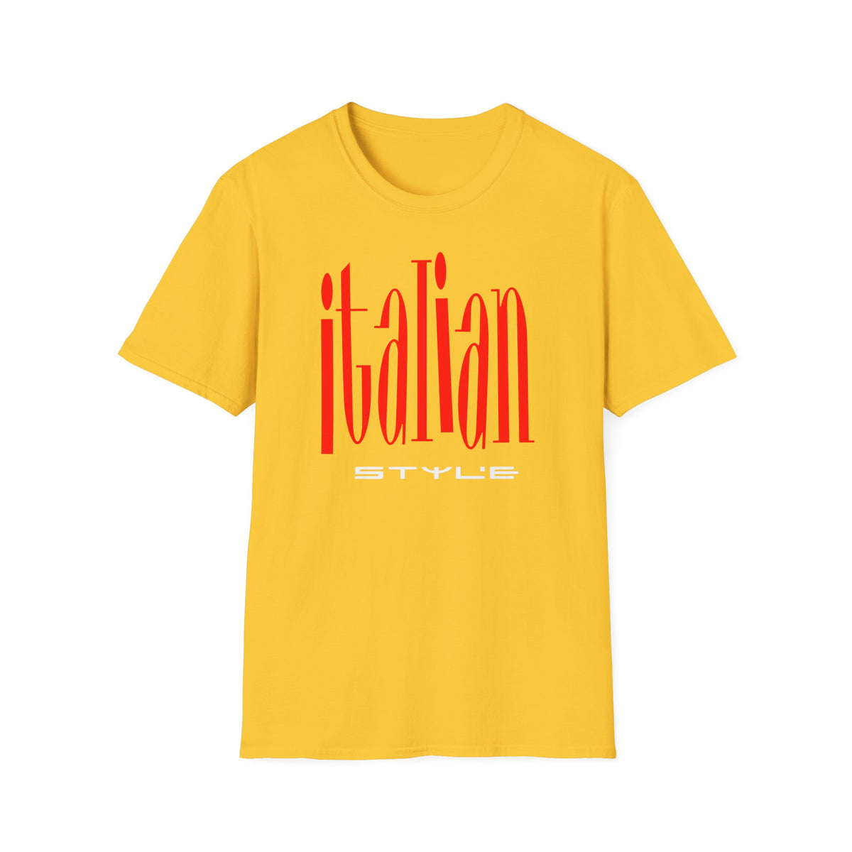 Yellow t-shirt with red "ITALIAN STYLE" text graphic.