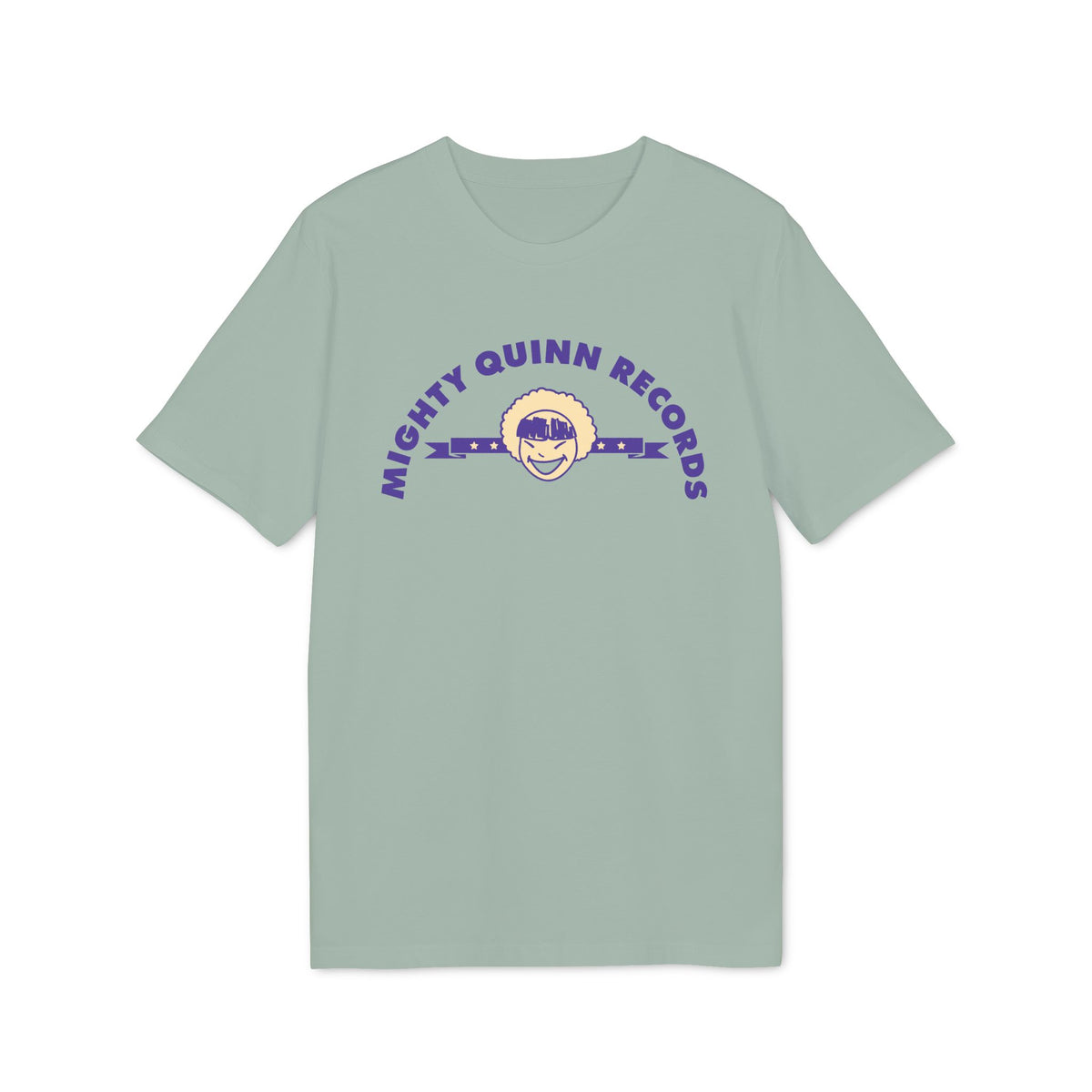Light green t-shirt with purple "Mighty Quinn Records" text and cartoon face logo.