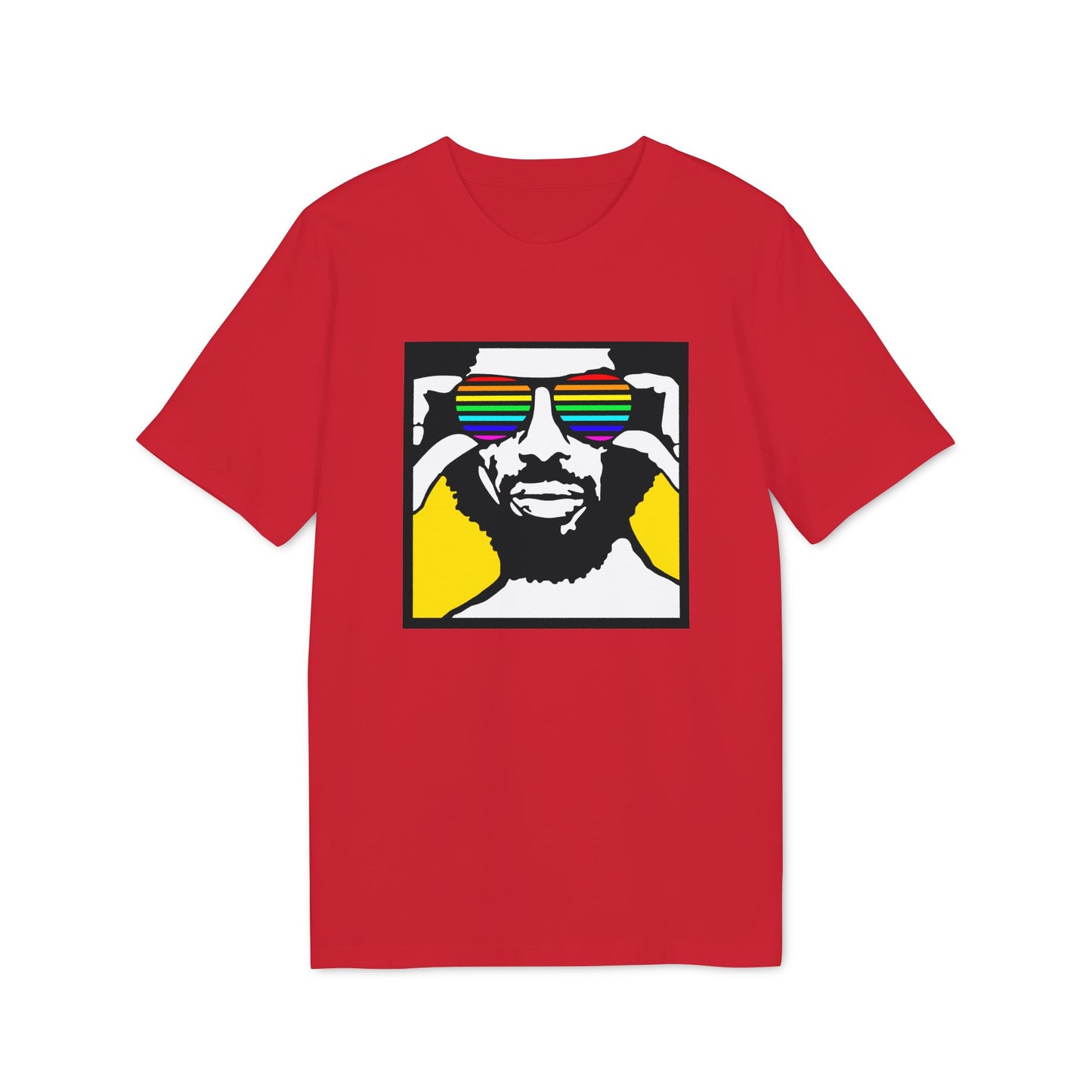 Red t-shirt with a graphic of a man wearing rainbow sunglasses and hands over his face.