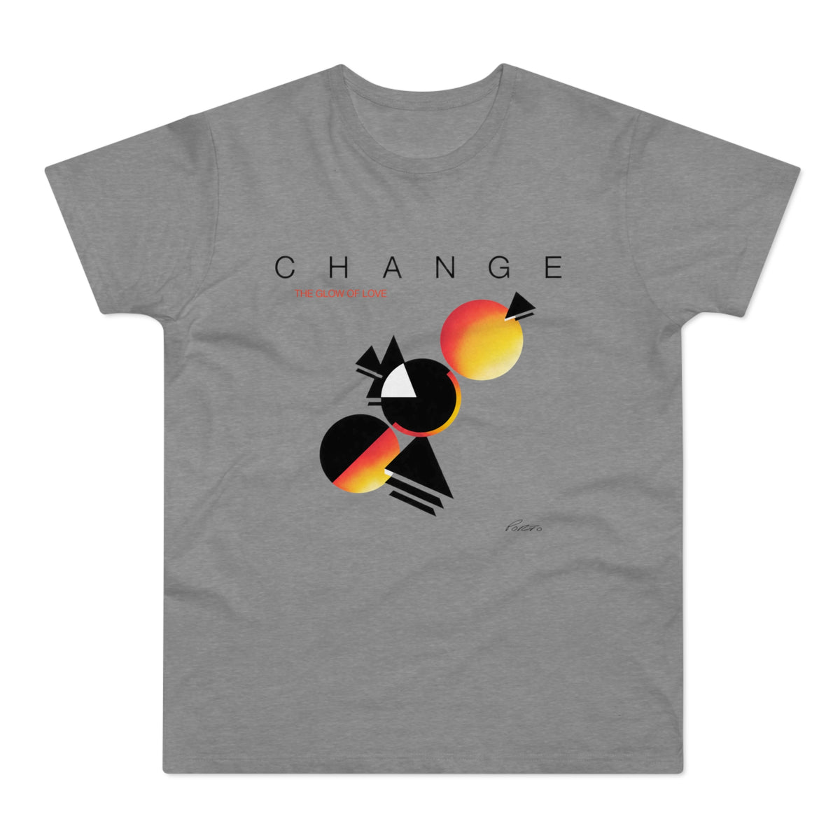 Grey t-shirt with "CHANGE THE GLOW OF LOVE" and abstract shapes.