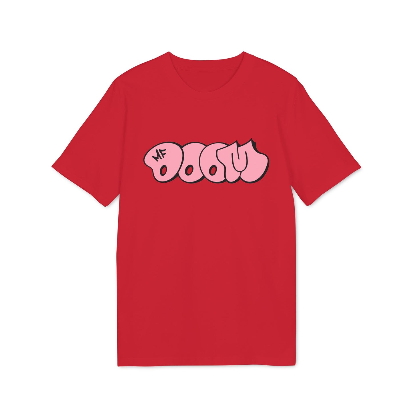Red t-shirt with pink "MF DOOM" graffiti-style text across the chest.