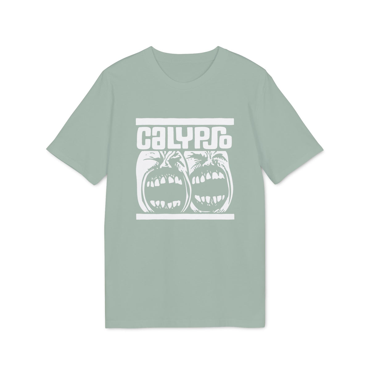Calypso t-shirt with white graphic of two screaming faces and text.
