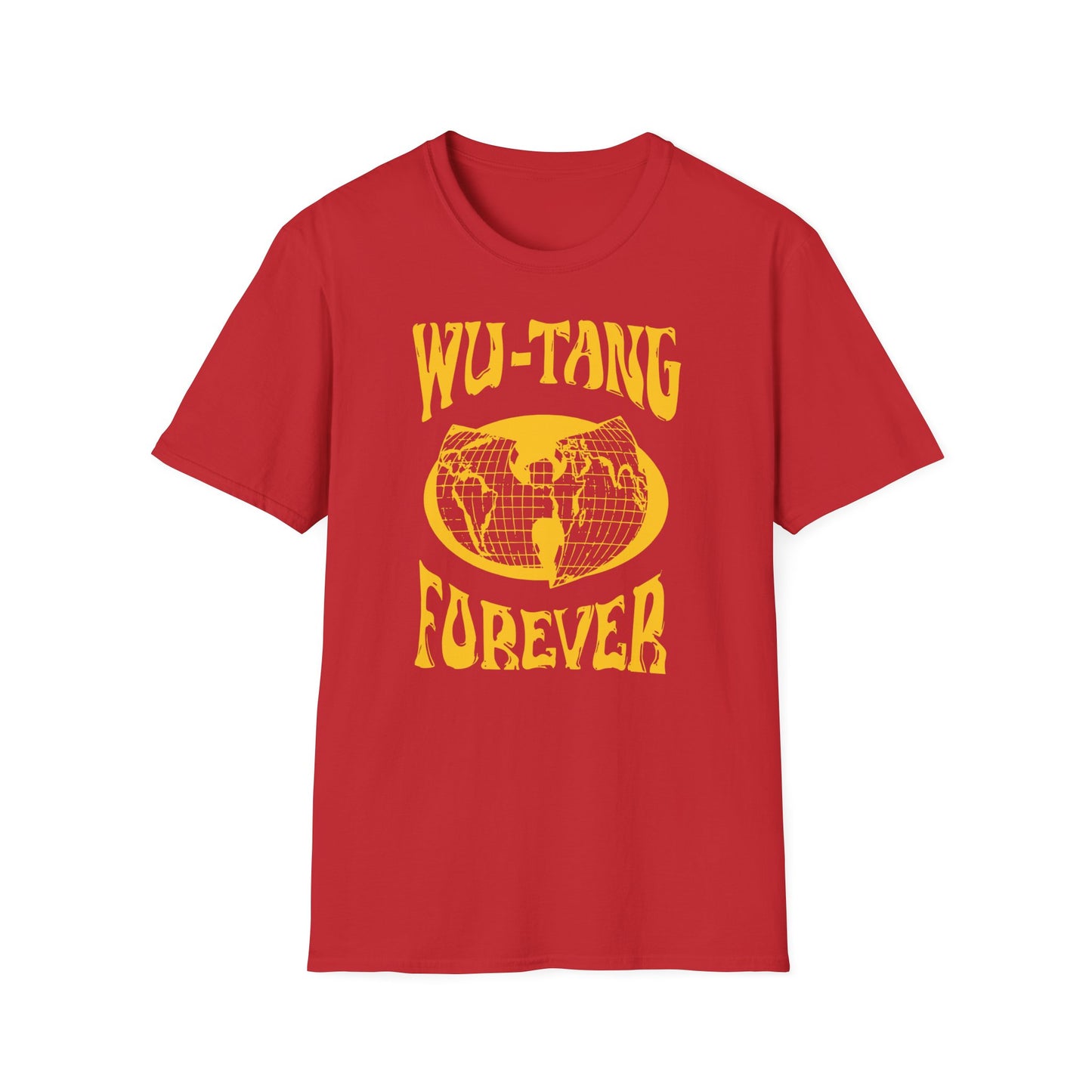 Red t-shirt with yellow Wu-Tang Forever graphic and globe logo.