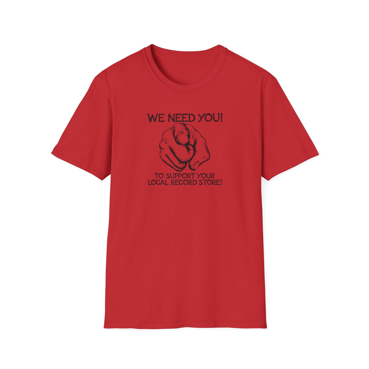 Red t-shirt with "We Need You!" and pointing finger graphic.