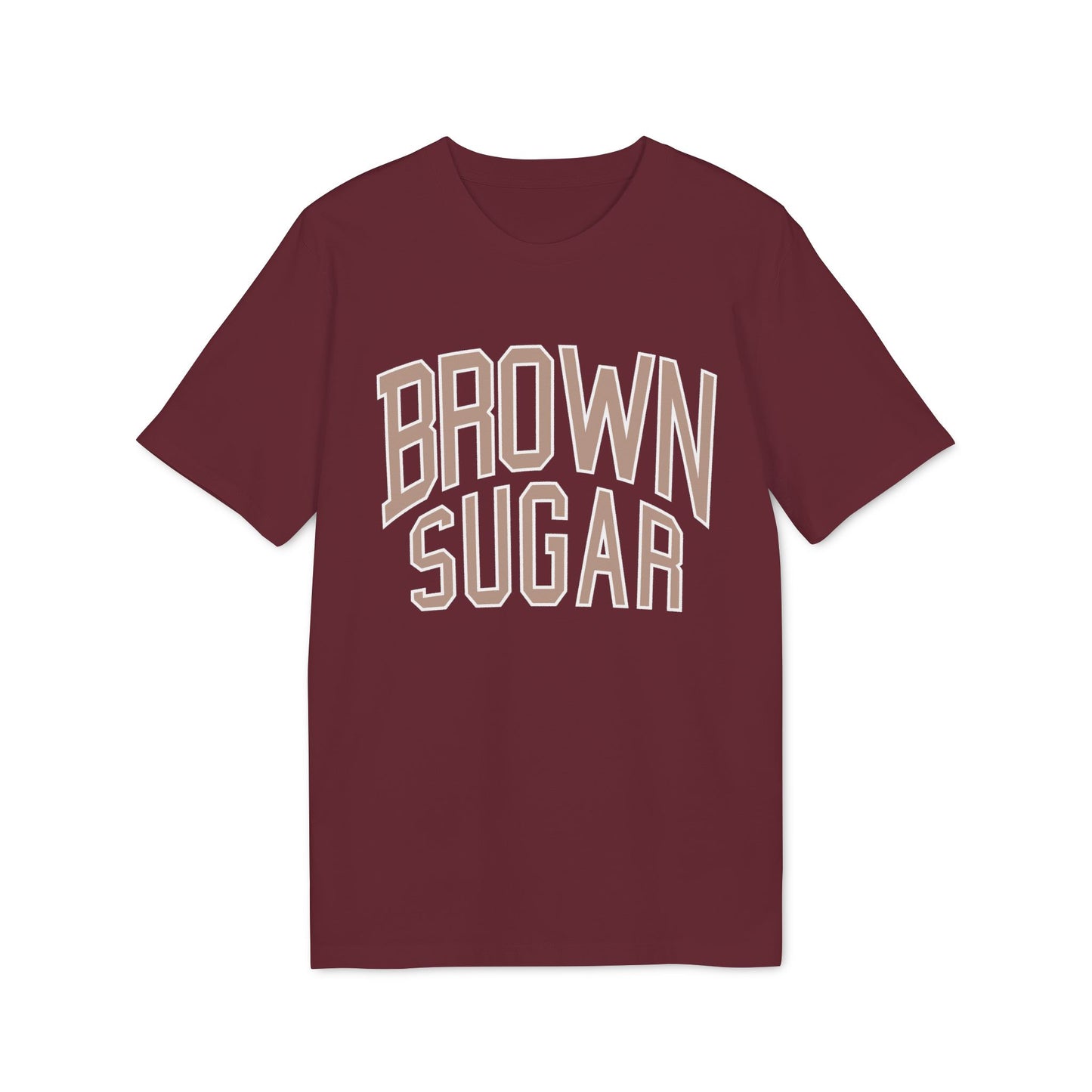 Maroon t-shirt with "BROWN SUGAR" text in cream and light brown collegiate font.