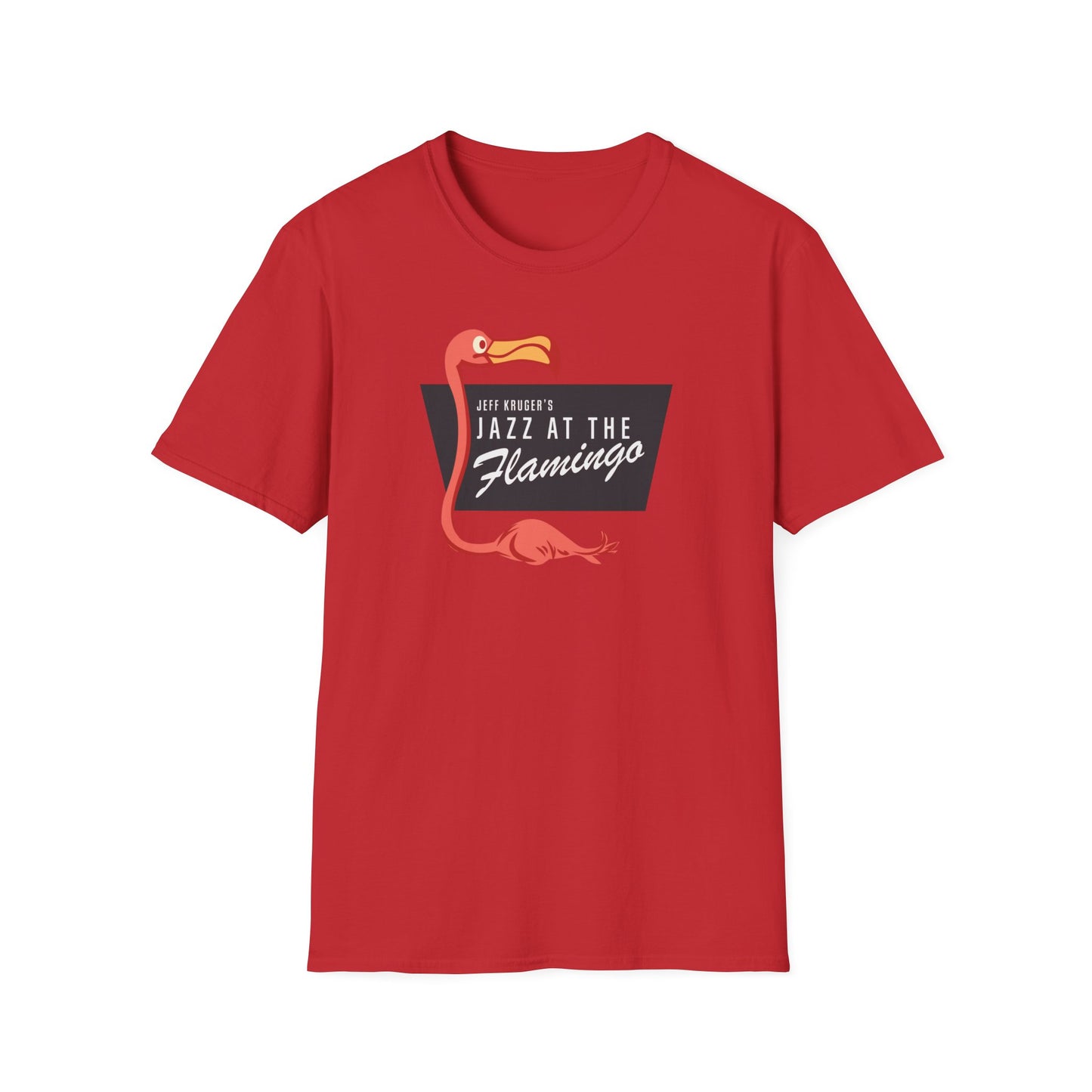 Red t-shirt with a flamingo and "Jeff Kruger's Jazz at the Flamingo" text.