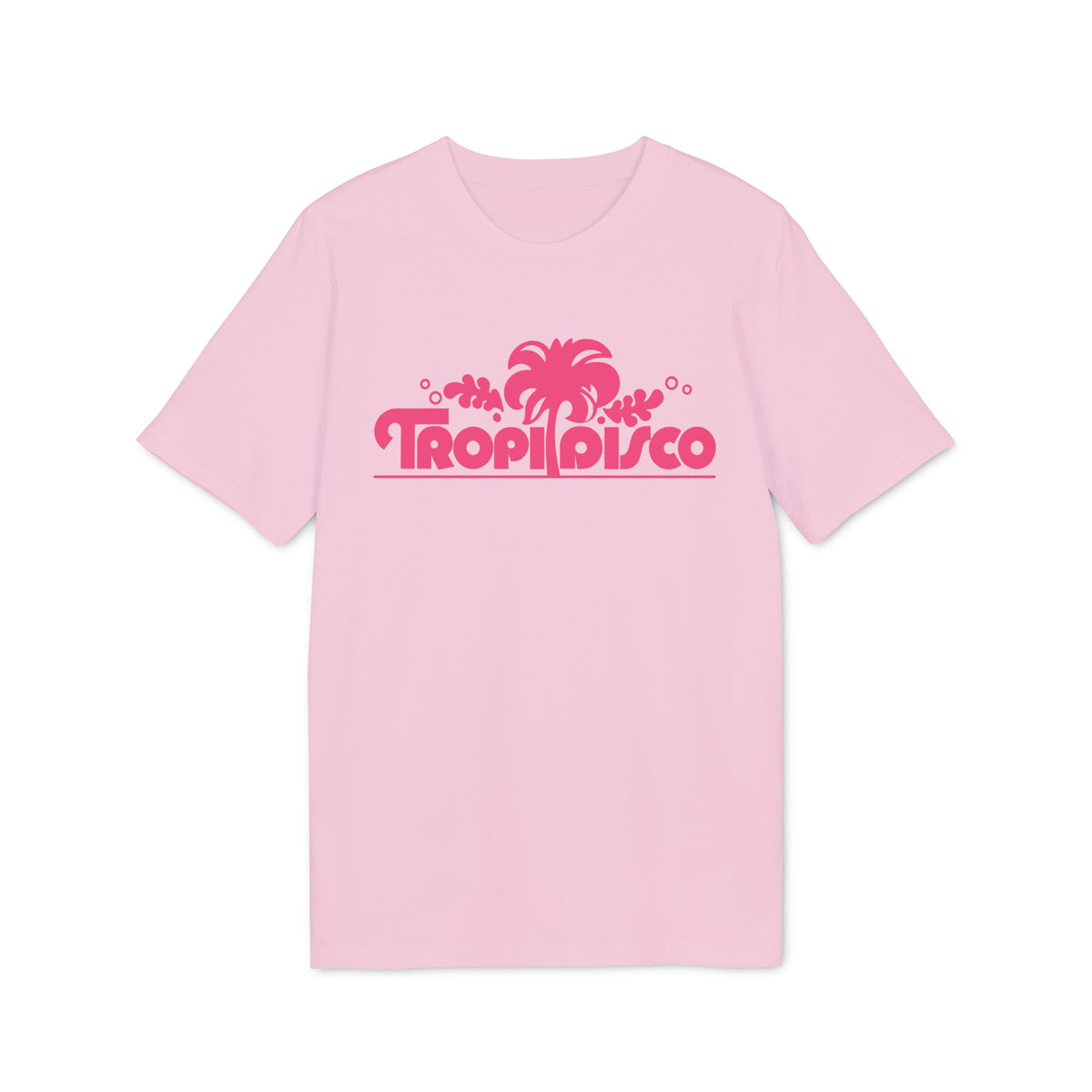 Pink t-shirt with a pink "Tropi Disco" text and palm tree graphic.
