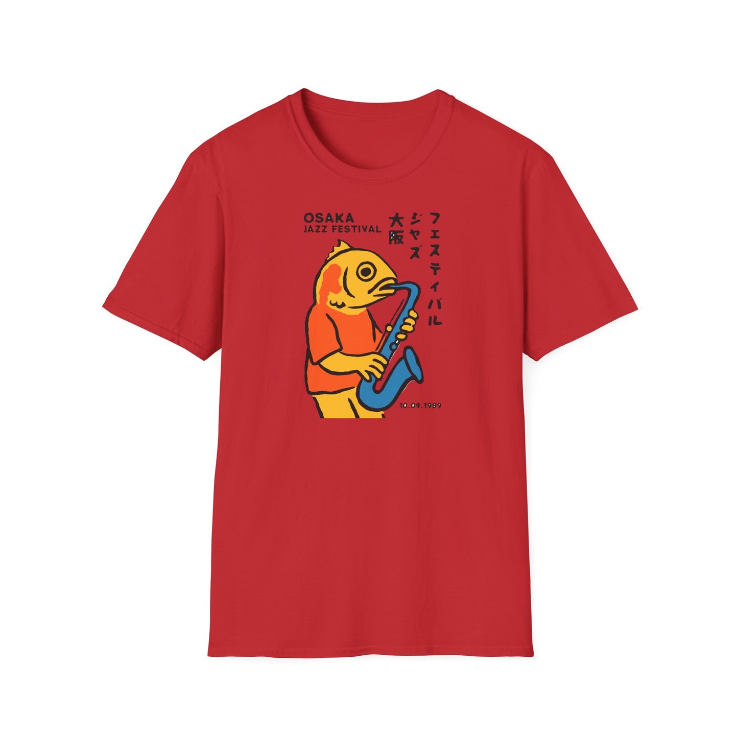 Red t-shirt with fish character playing saxophone, "Osaka Jazz Festival" text, and date 10.09.1989.