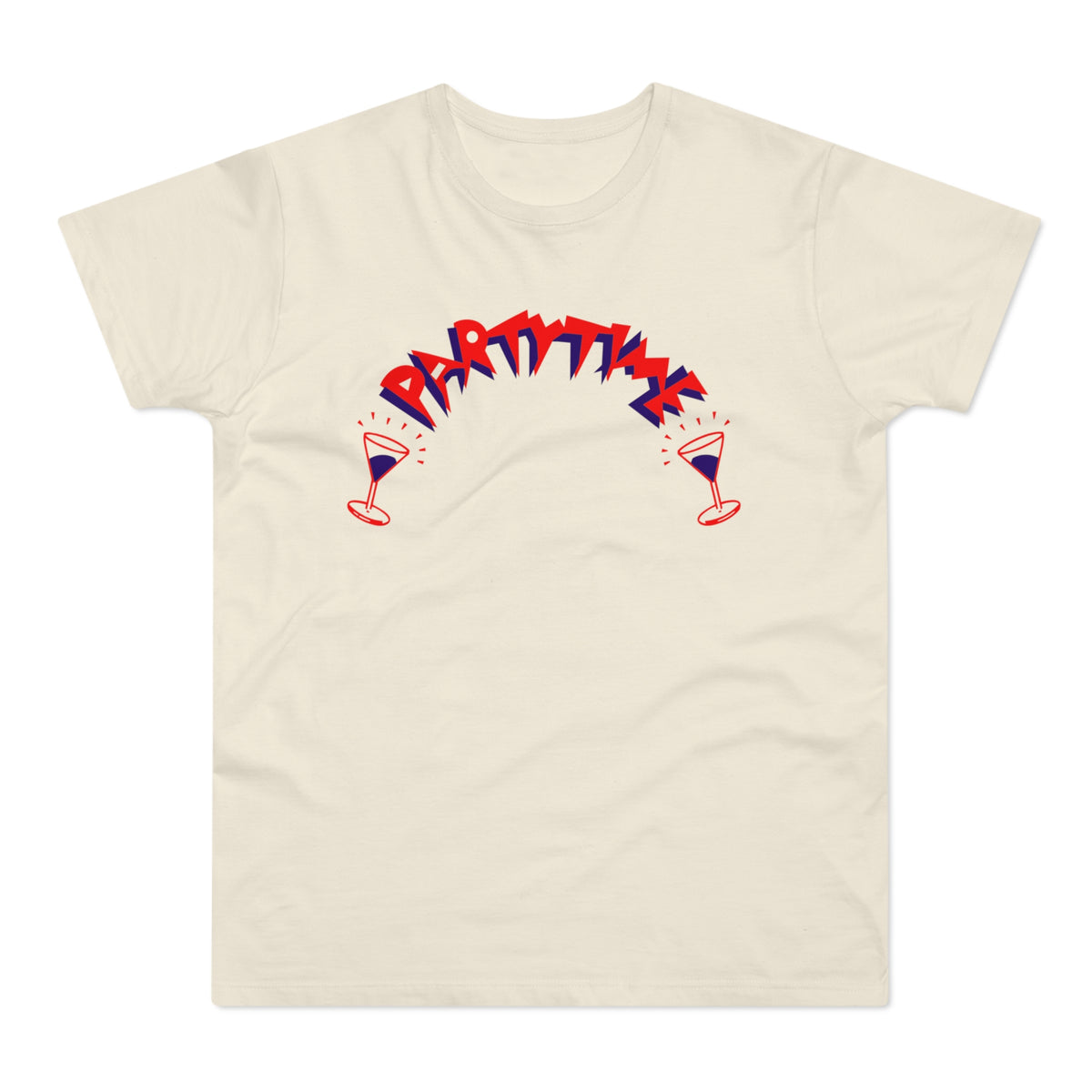 Cream t-shirt with "PARTY TIME" text and two martini glasses.