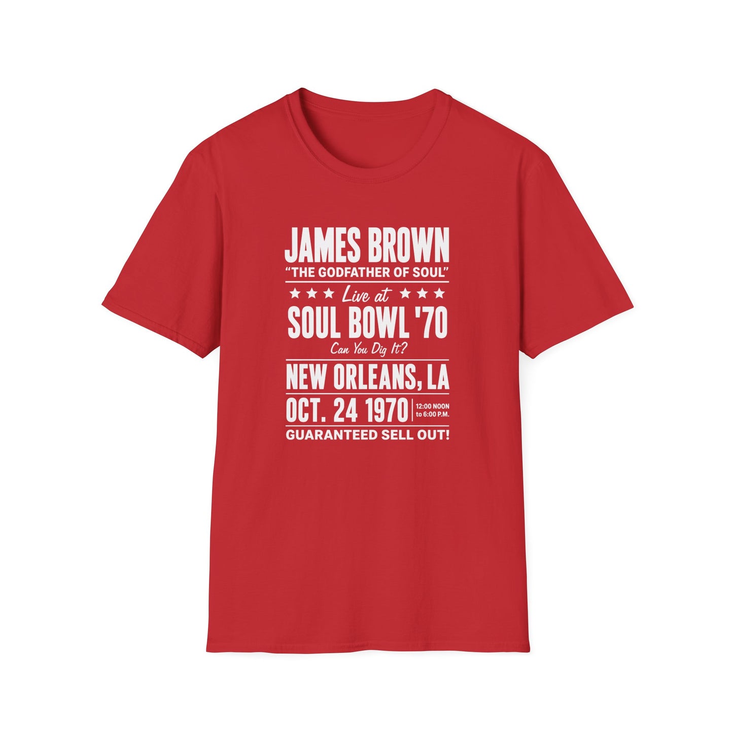 Red t-shirt featuring James Brown Soul Bowl '70 event details.