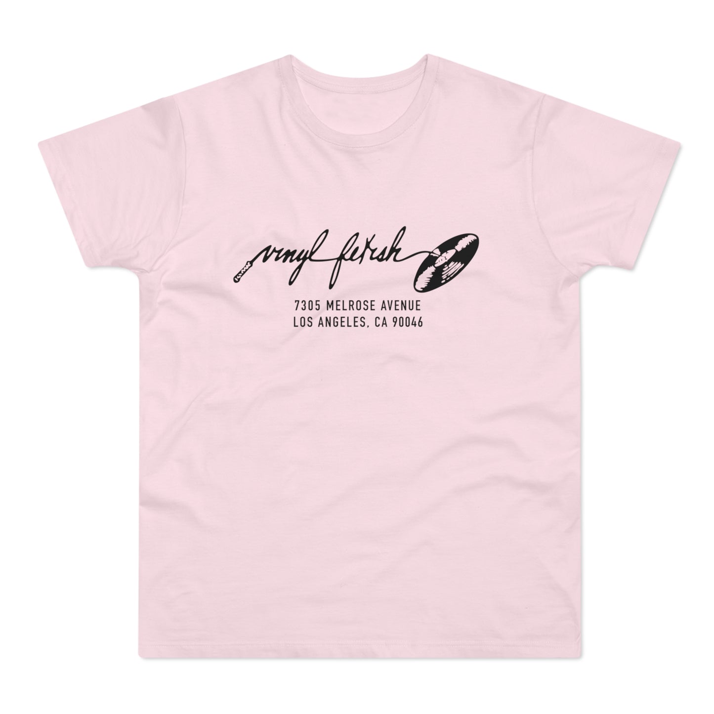 Pink t-shirt with black text "vinyl fetish" and address.
