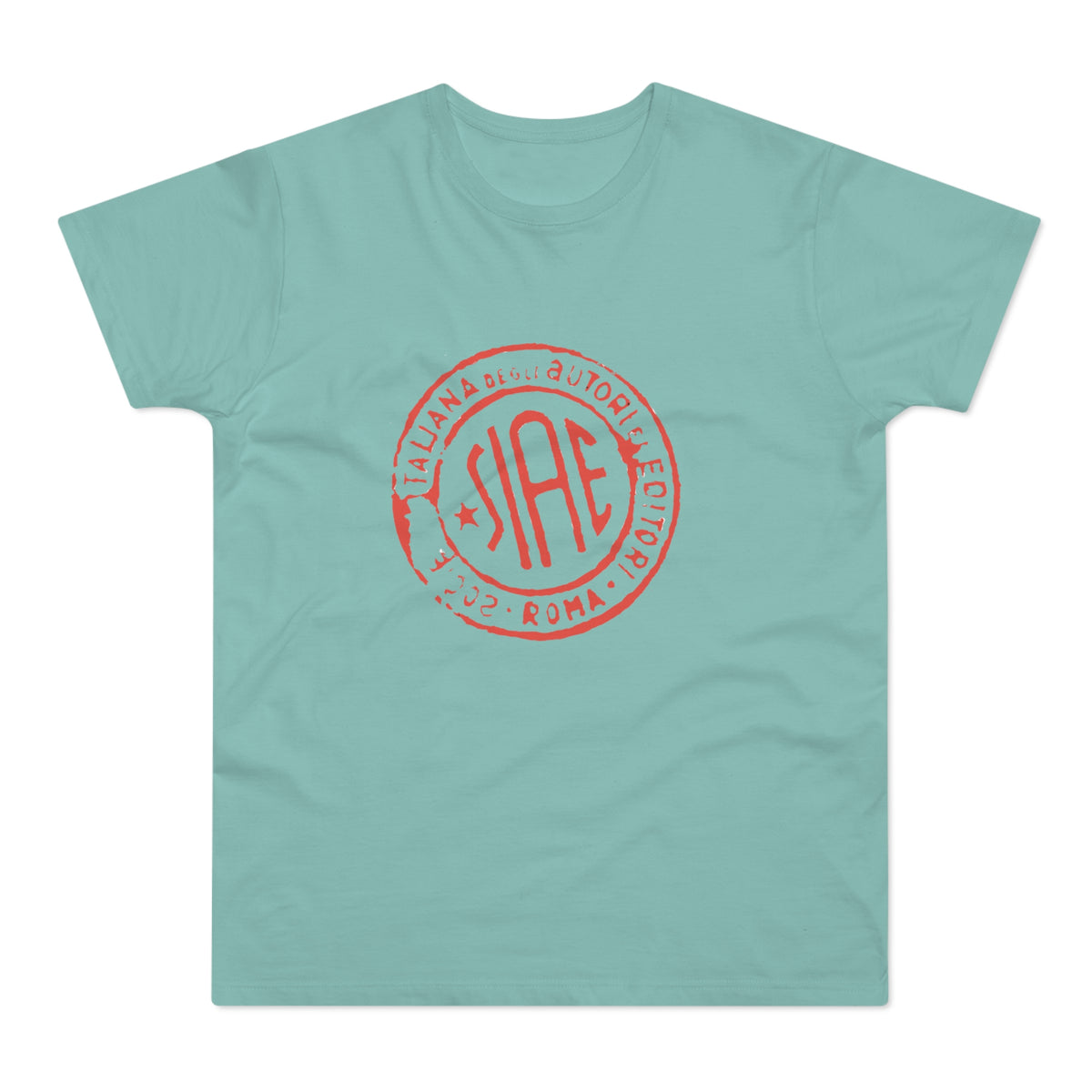 Mint t-shirt with red SIAE logo, text: Italiana degli Autori Editori, 2002, Roma